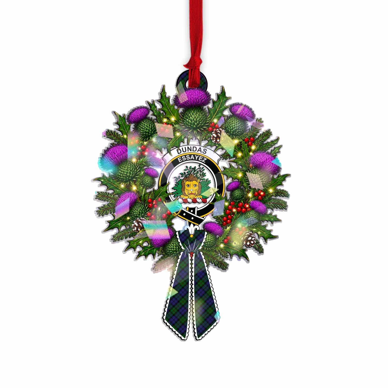 Dundas Tartan Crest Christmas Scottish Thistle Wreath Bow Hologram Ornament