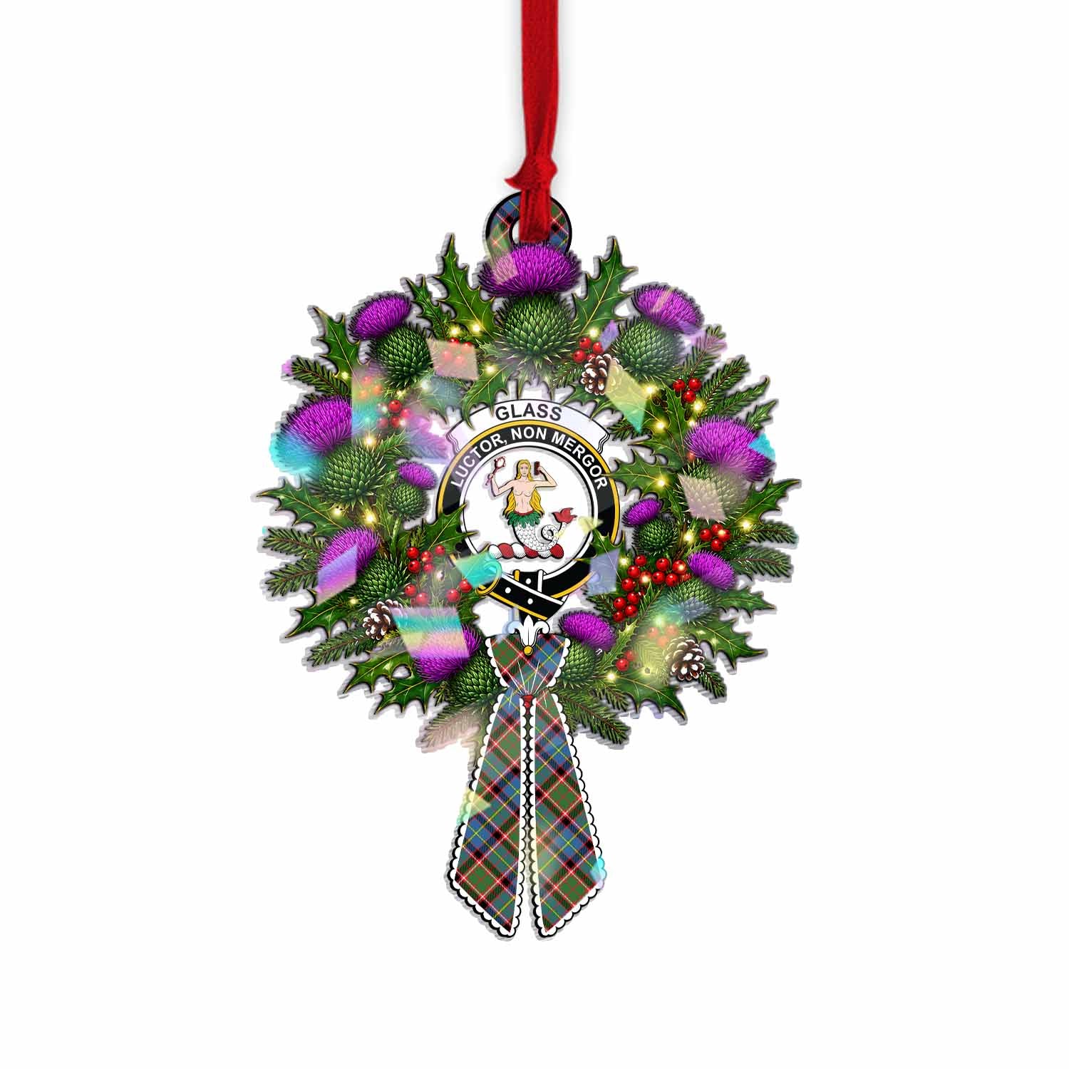 Glass Tartan Crest Christmas Scottish Thistle Wreath Bow Hologram Ornament
