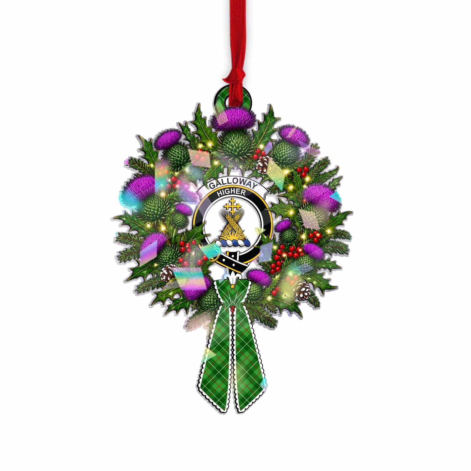 Galloway Tartan Crest Christmas Scottish Thistle Wreath Bow Hologram Ornament