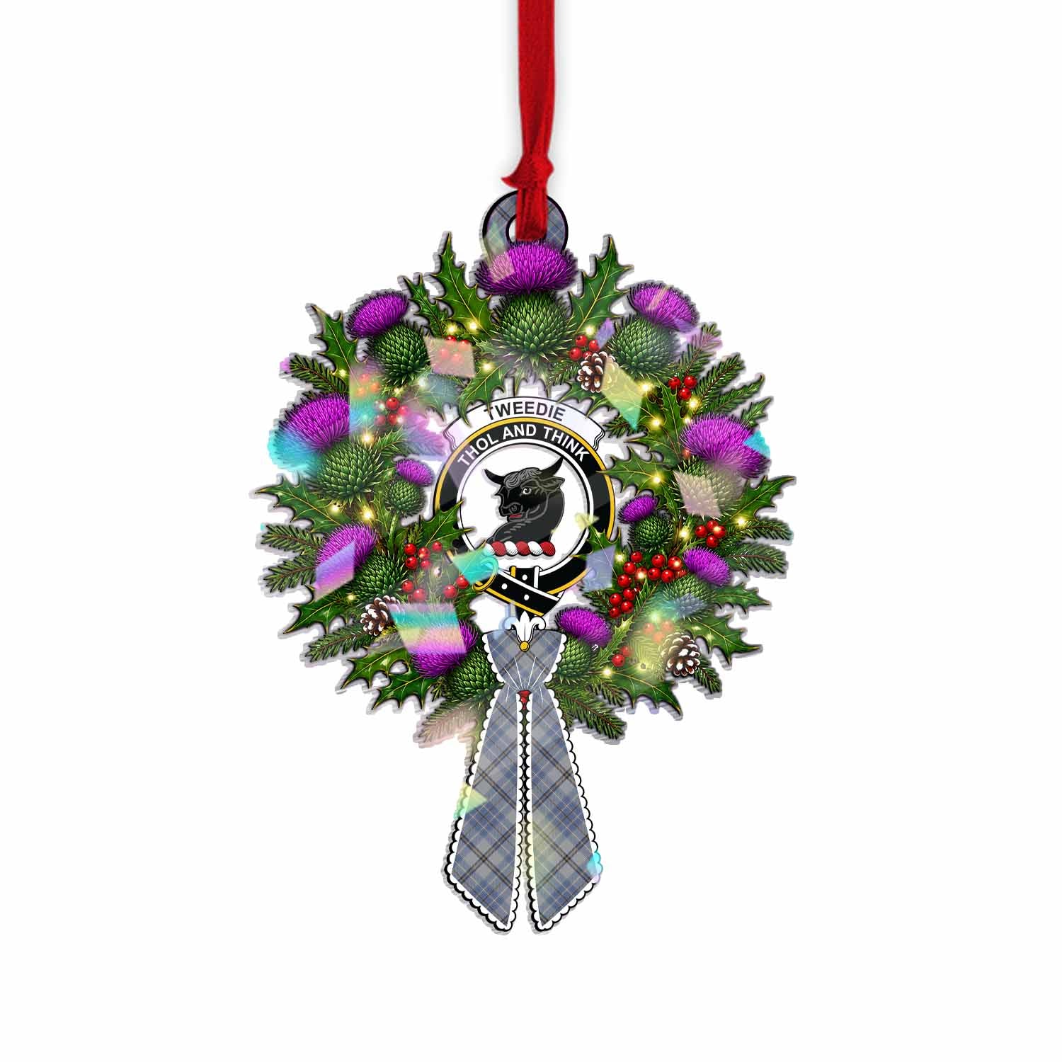 Tweedie Tartan Crest Christmas Scottish Thistle Wreath Bow Hologram Ornament