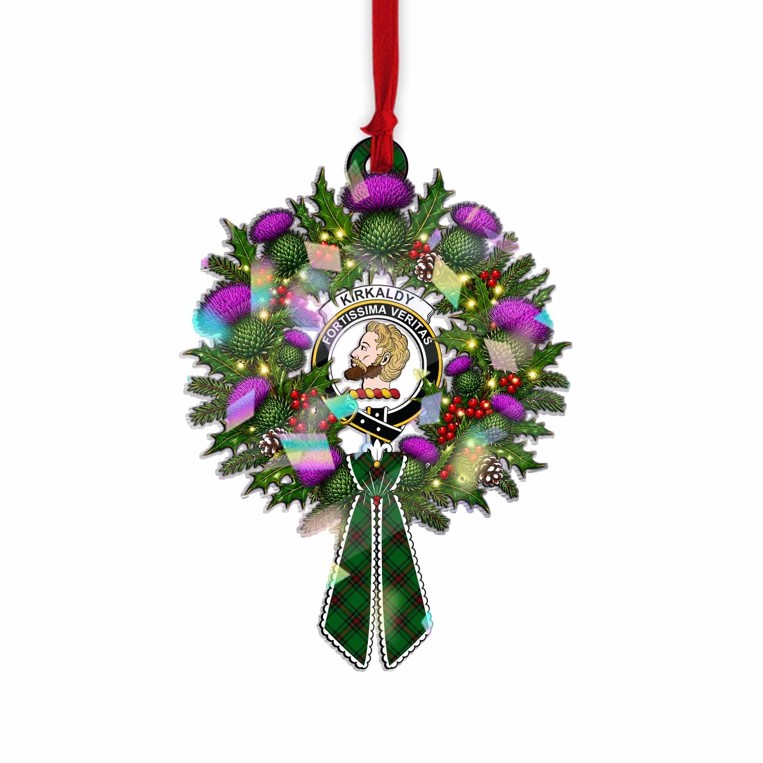 Kirkaldy Tartan Crest Christmas Scottish Thistle Wreath Bow Hologram Ornament