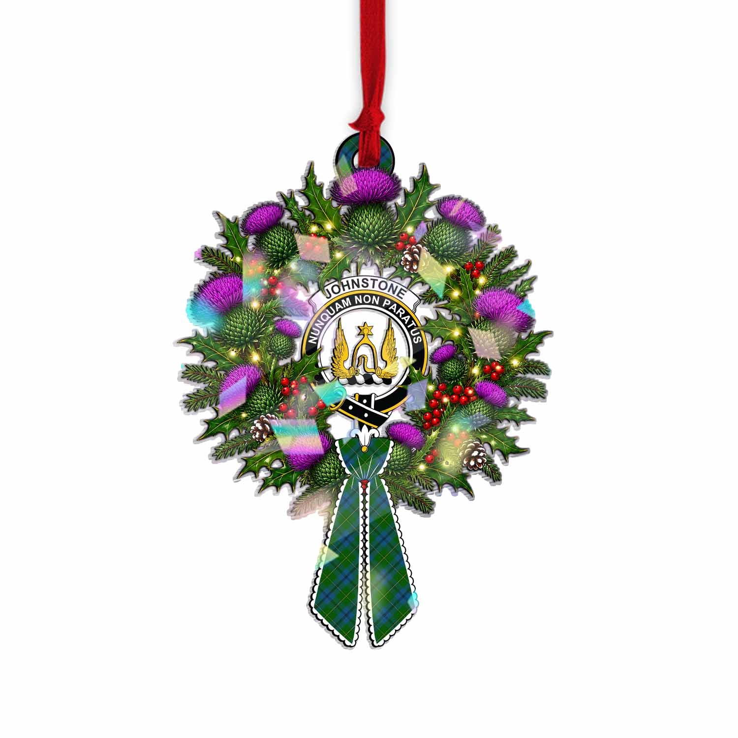 Johnstone (Johnston) Tartan Crest Christmas Scottish Thistle Wreath Bow Hologram Ornament