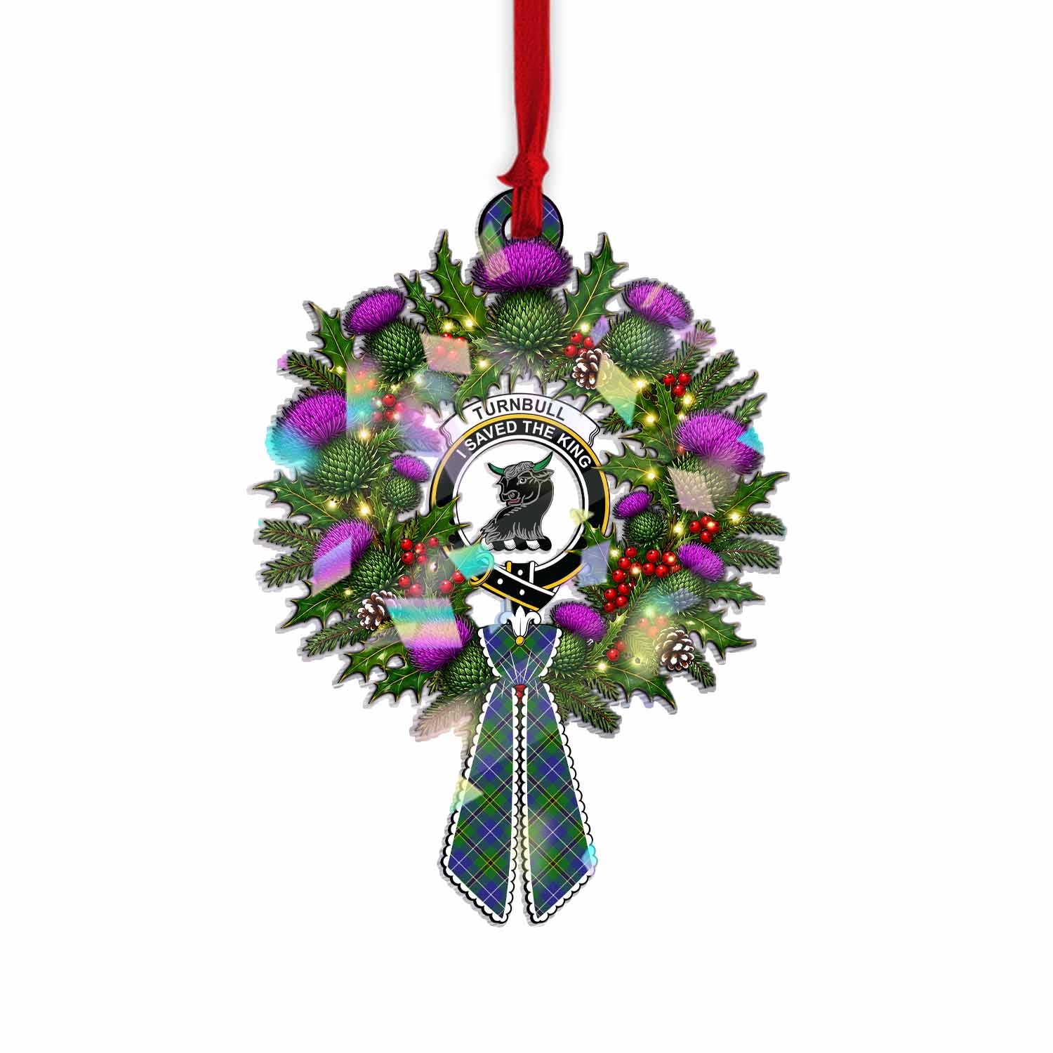 Turnbull Tartan Crest Christmas Scottish Thistle Wreath Bow Hologram Ornament