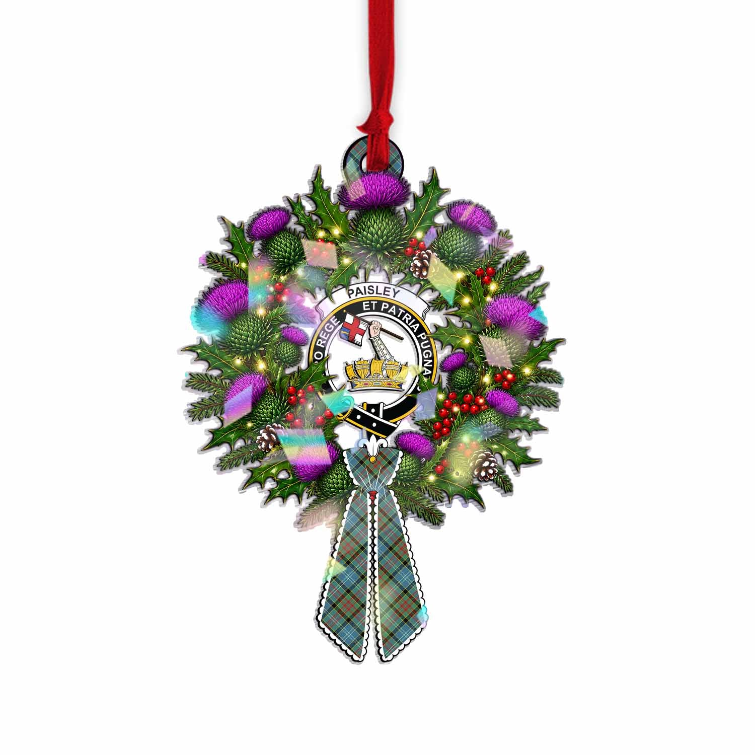 Paisley Tartan Crest Christmas Scottish Thistle Wreath Bow Hologram Ornament