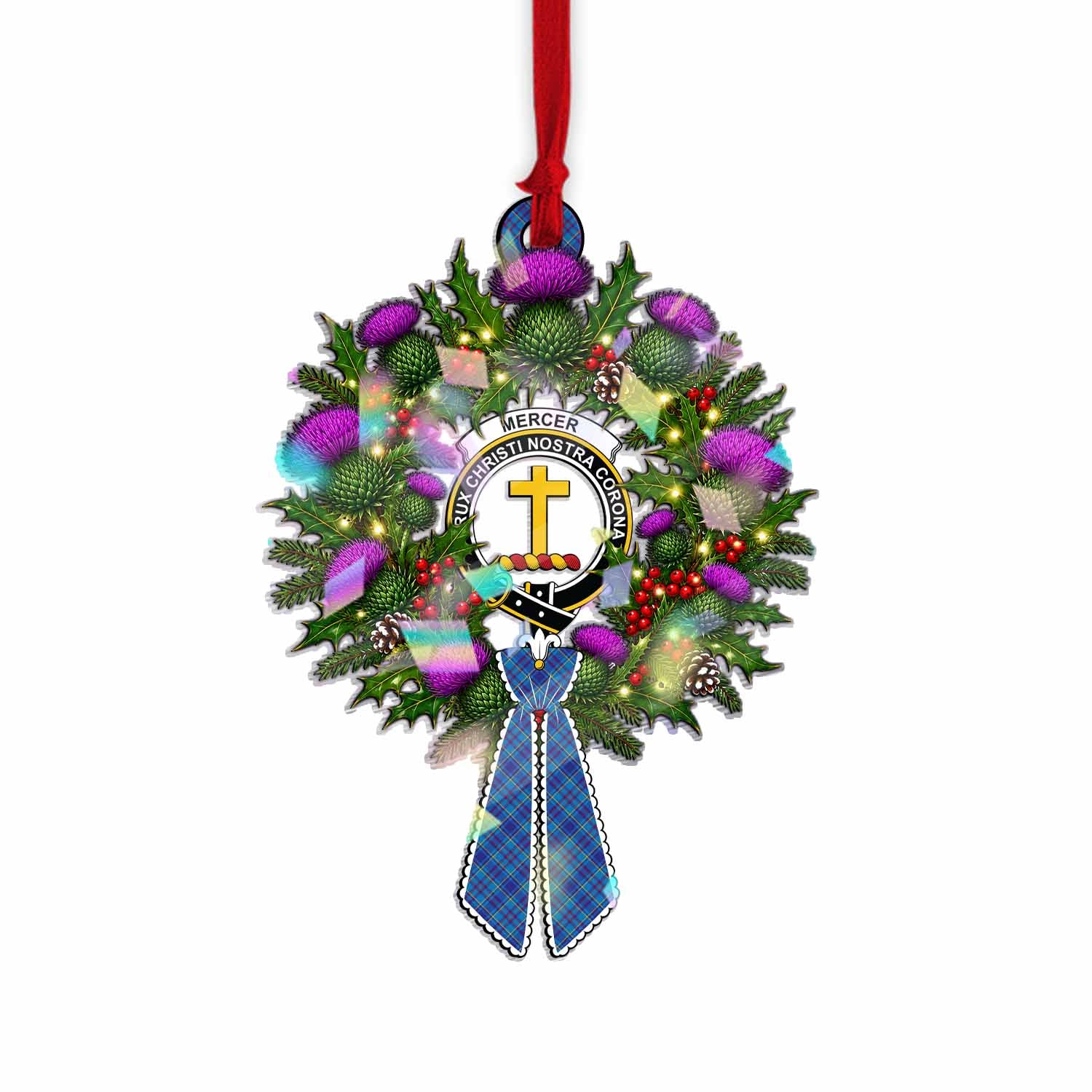 Mercer Tartan Crest Christmas Scottish Thistle Wreath Bow Hologram Ornament