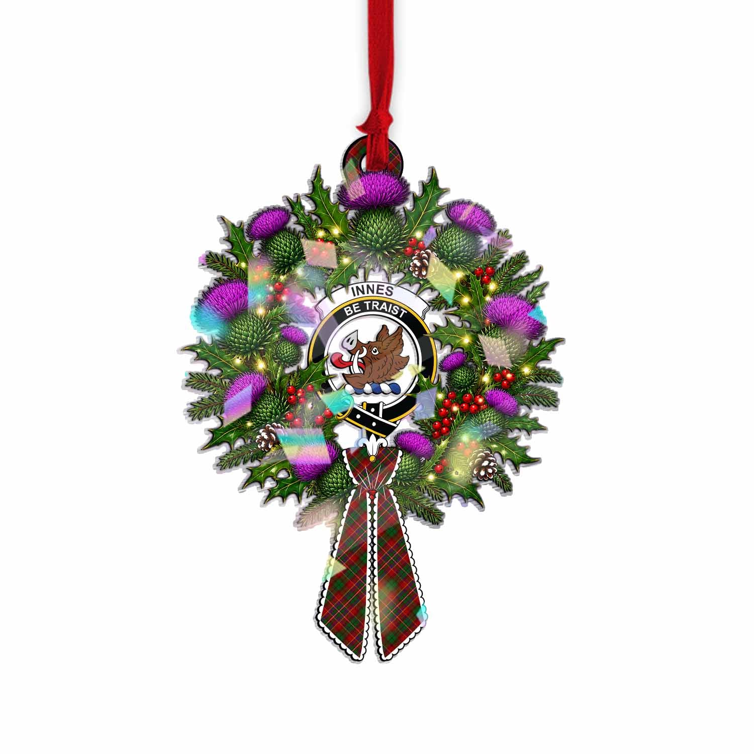 Innes Tartan Crest Christmas Scottish Thistle Wreath Bow Hologram Ornament