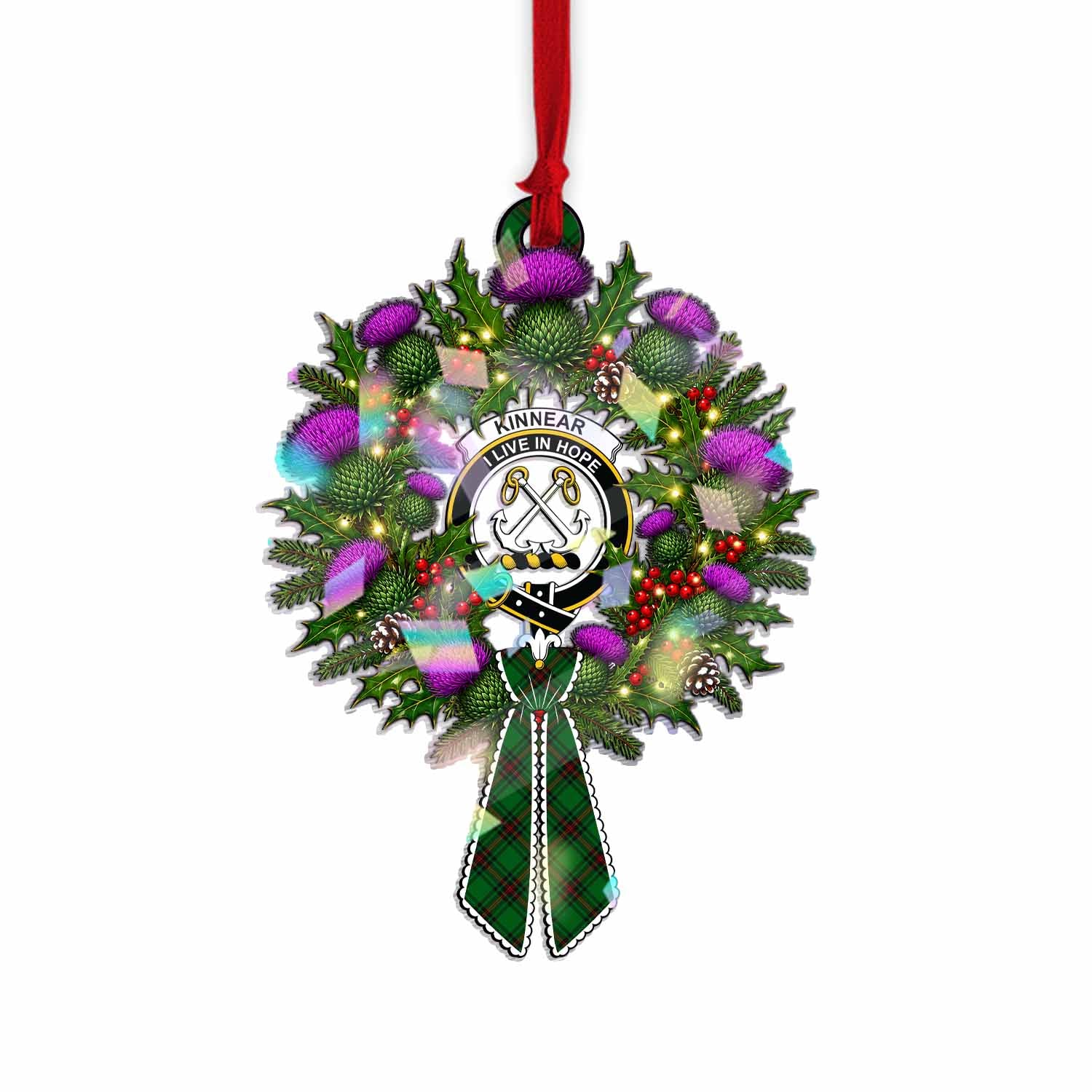 Kinnear Tartan Crest Christmas Scottish Thistle Wreath Bow Hologram Ornament