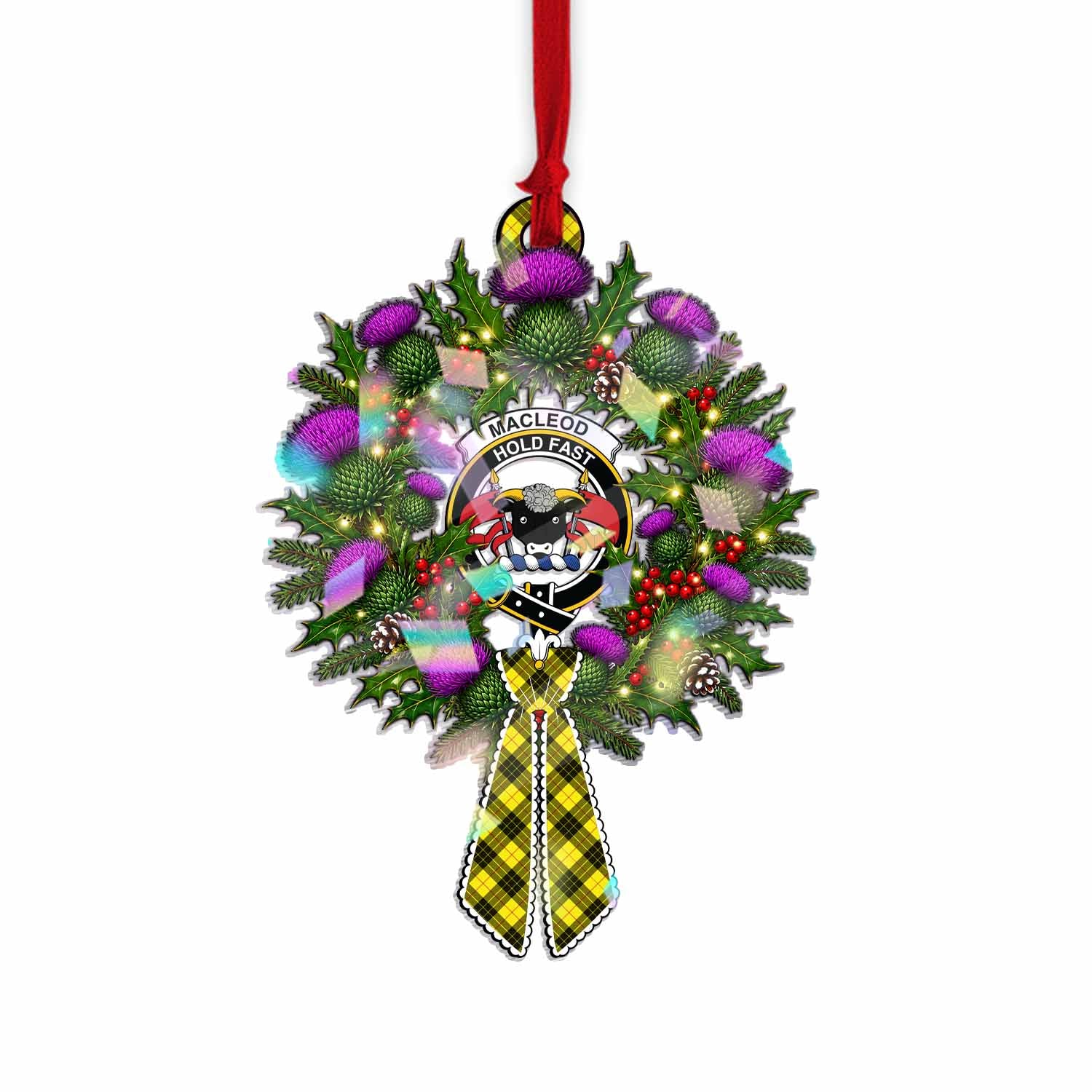 MacLeod (McLeod) Tartan Crest Christmas Scottish Thistle Wreath Bow Hologram Ornament