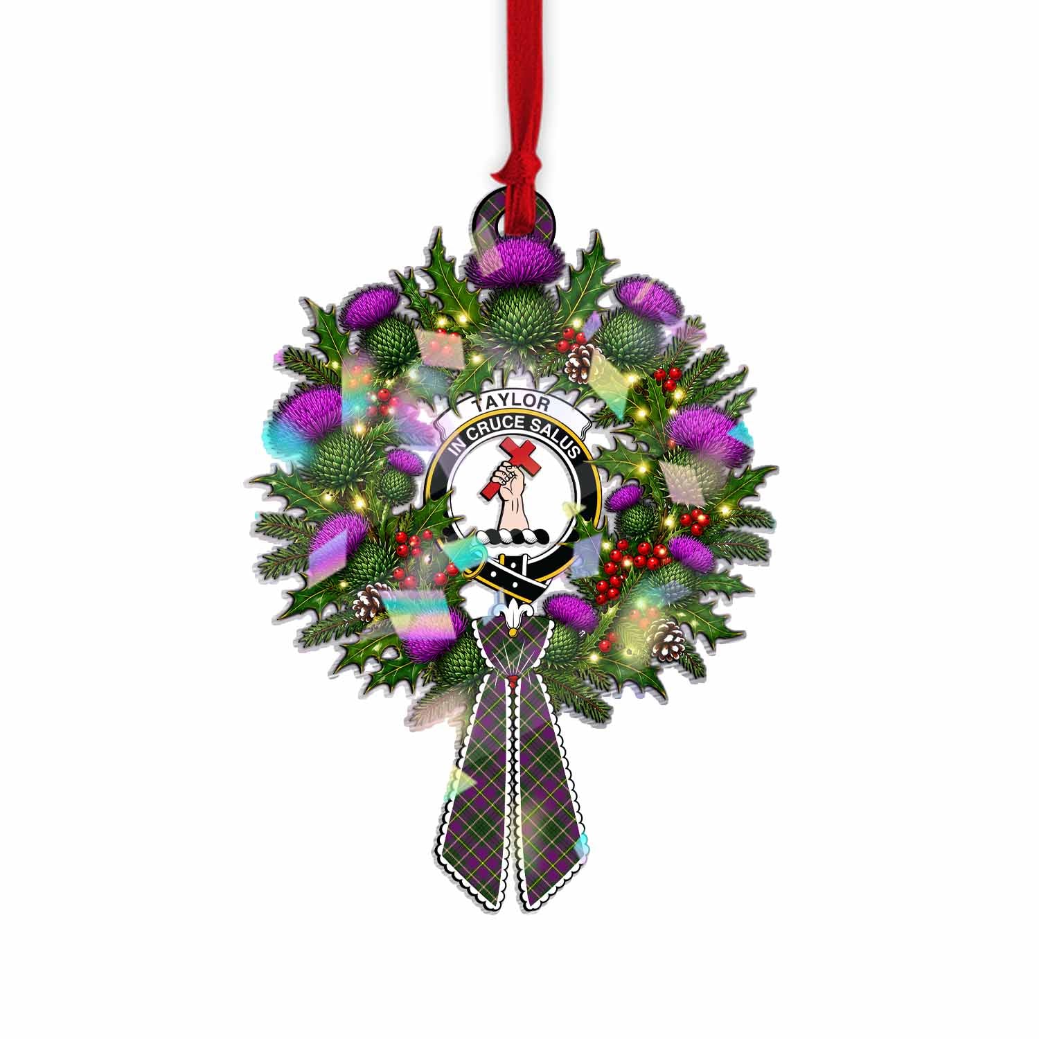 Taylor (Tailyour) Tartan Crest Christmas Scottish Thistle Wreath Bow Hologram Ornament