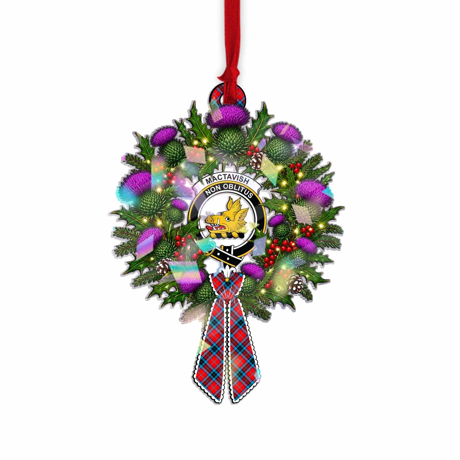 MacTavish (McTavish) Tartan Crest Christmas Scottish Thistle Wreath Bow Hologram Ornament