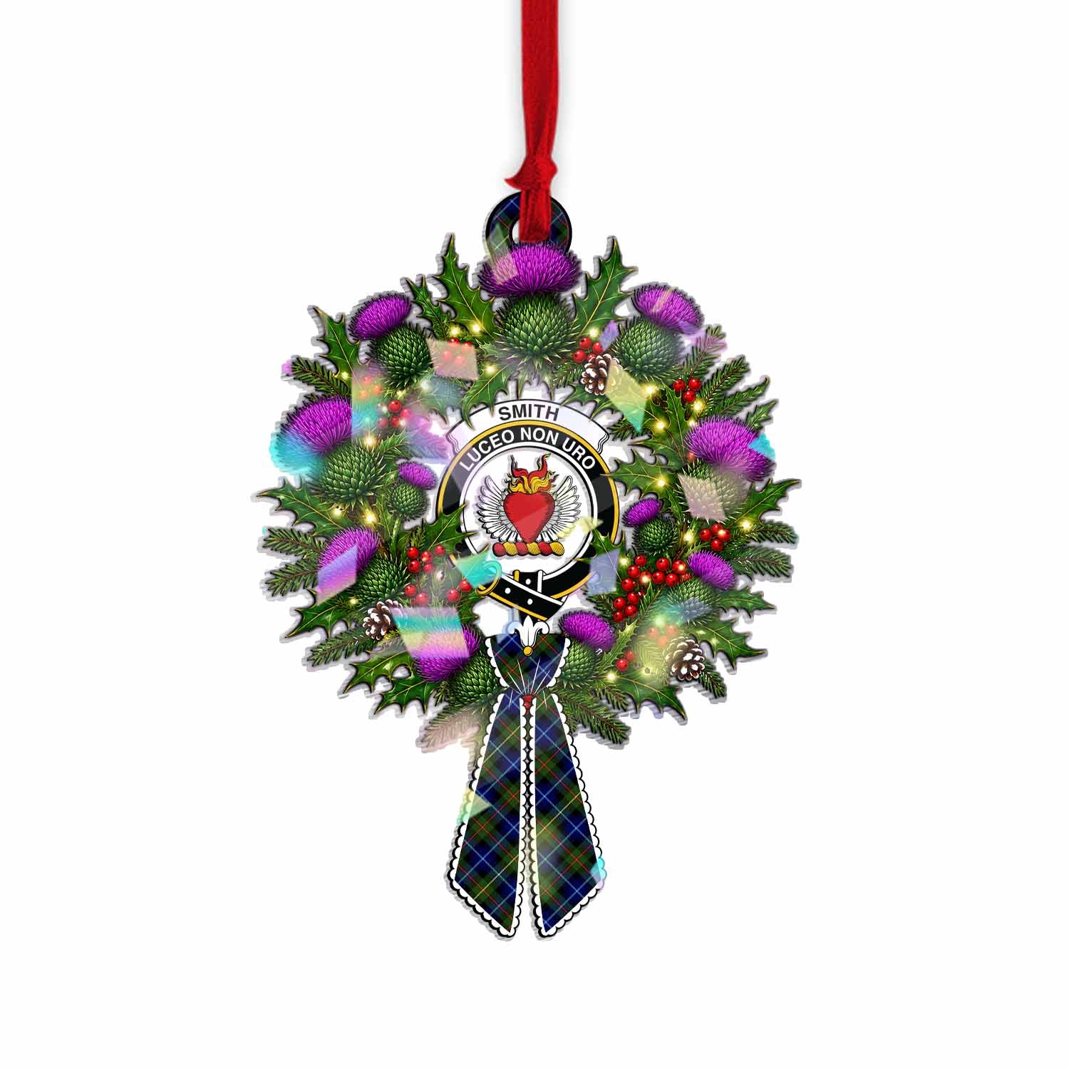 Smith Tartan Crest Christmas Scottish Thistle Wreath Bow Hologram Ornament