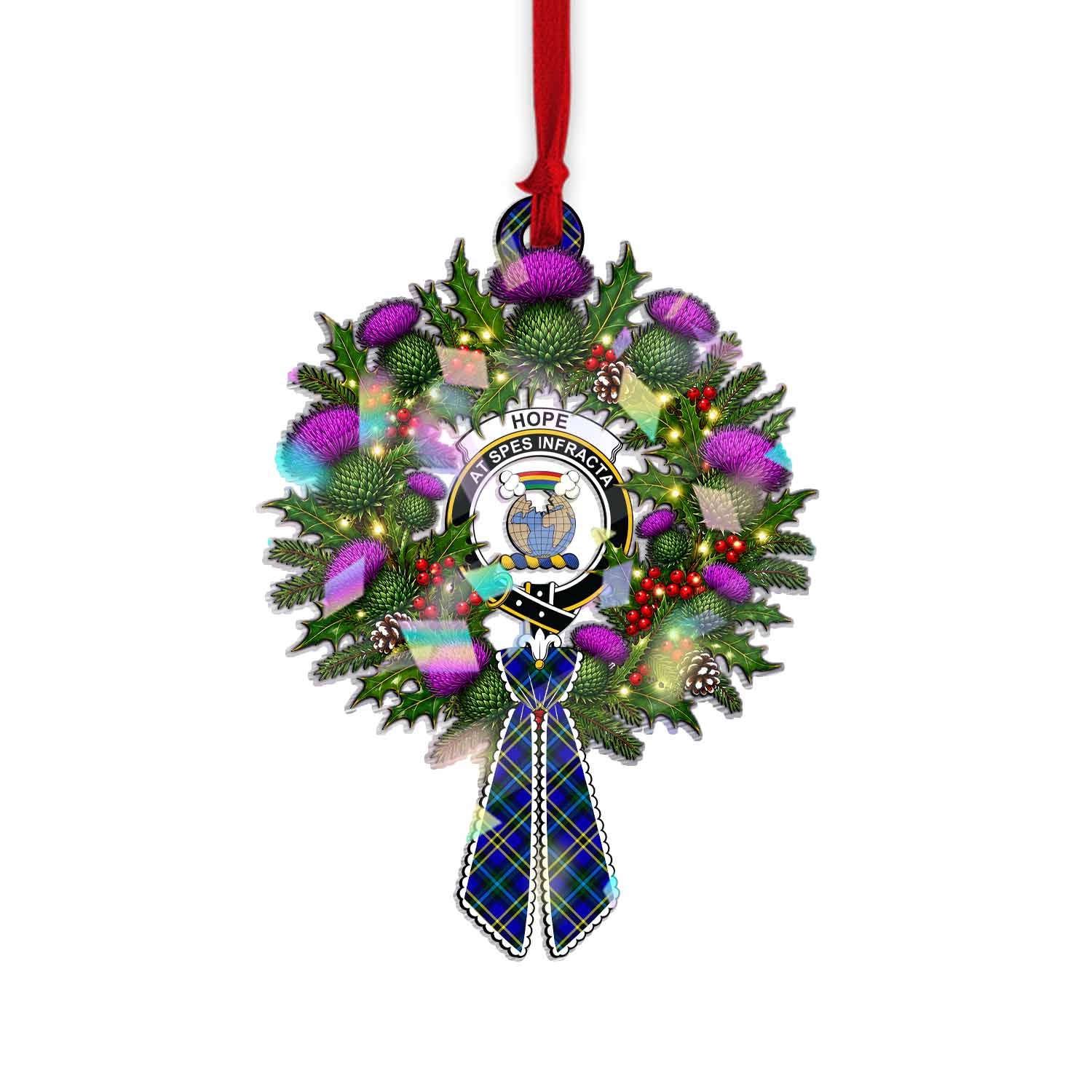 Hope Tartan Crest Christmas Scottish Thistle Wreath Bow Hologram Ornament