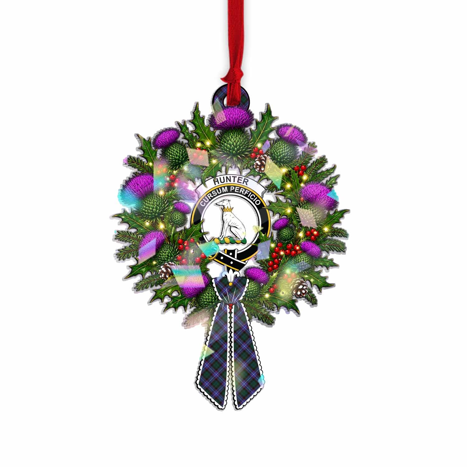 Hunter (Hunterston) Tartan Crest Christmas Scottish Thistle Wreath Bow Hologram Ornament