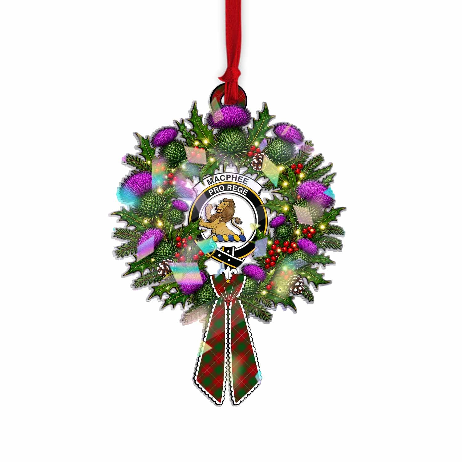 MacPhee (McPhee) Tartan Crest Christmas Scottish Thistle Wreath Bow Hologram Ornament