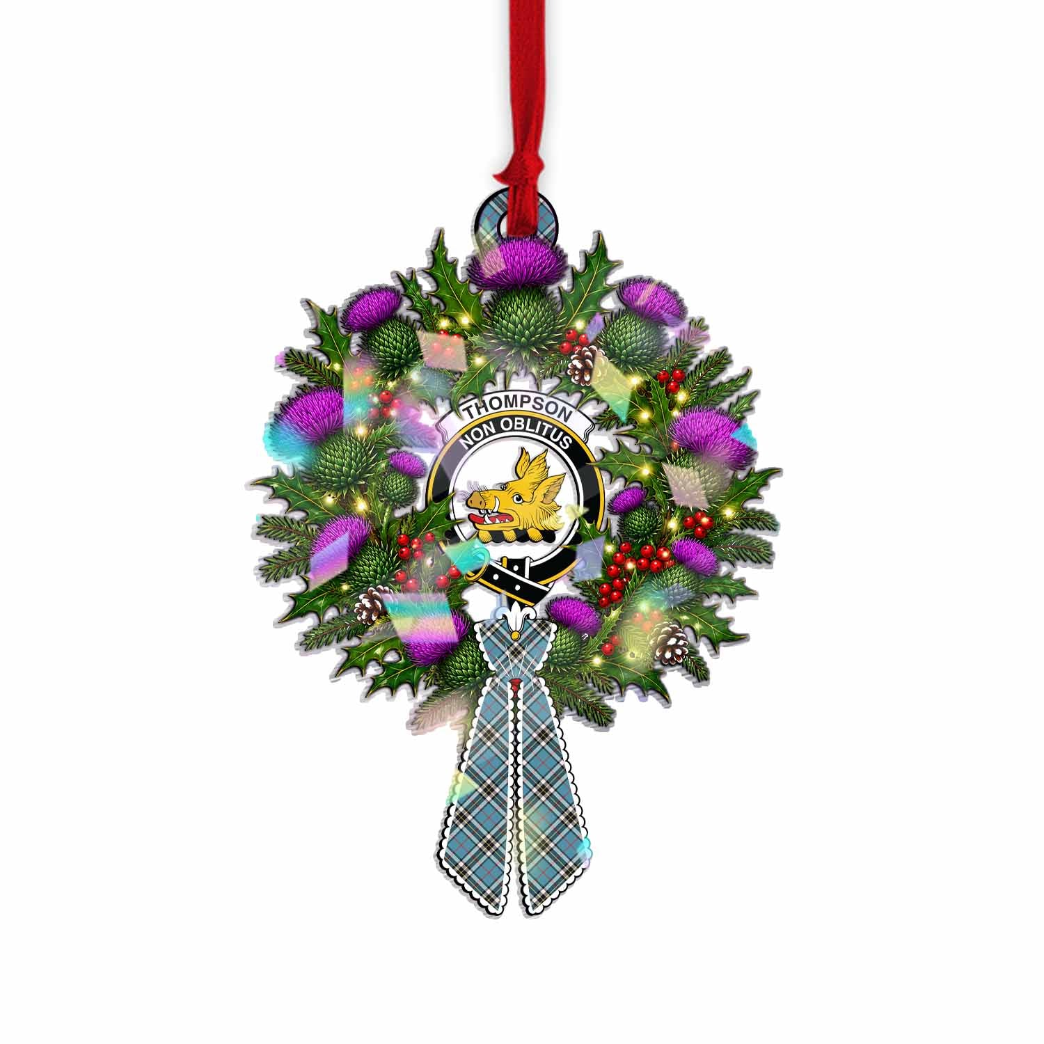 Thompson (Thomson) Tartan Crest Christmas Scottish Thistle Wreath Bow Hologram Ornament