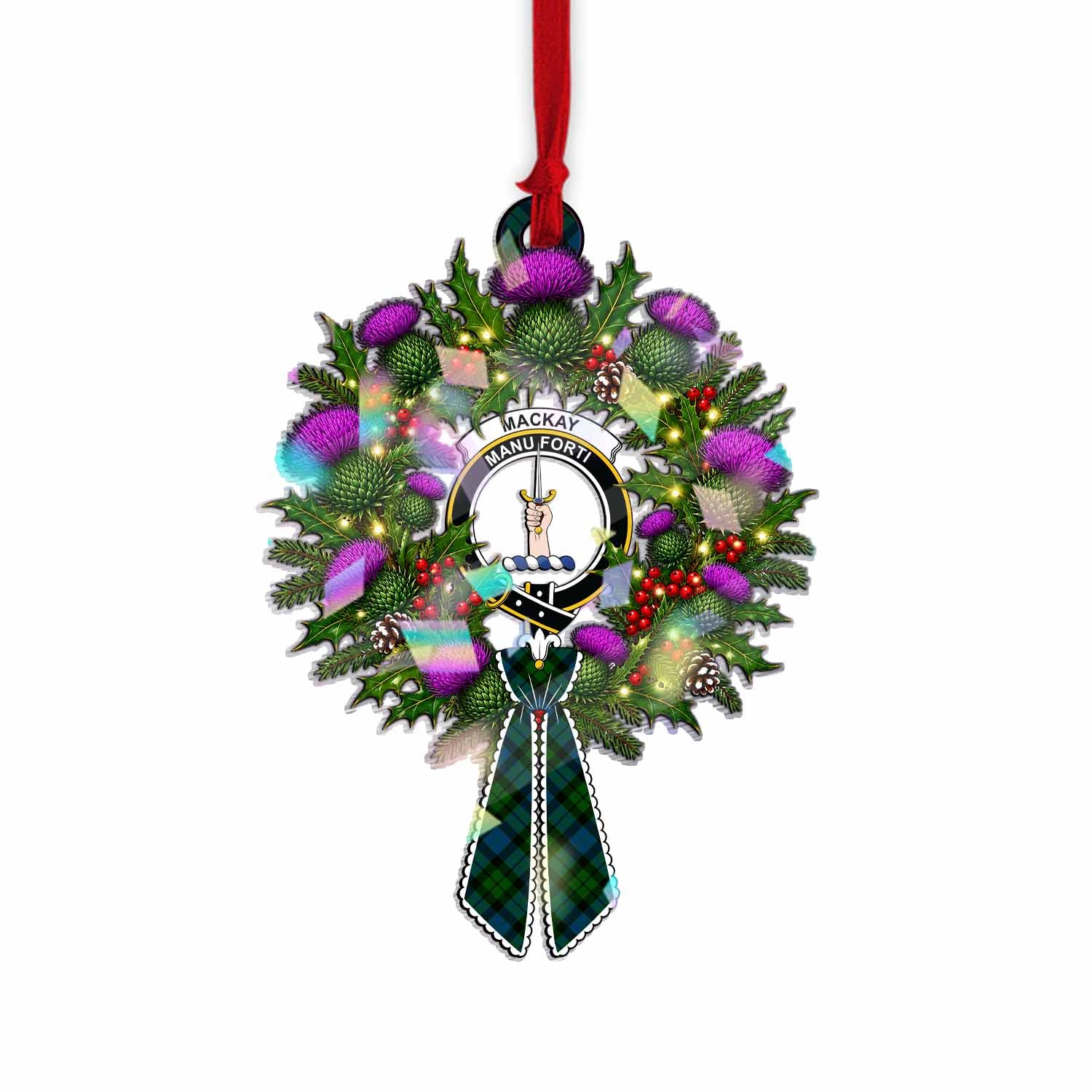 MacKay (McKay) Tartan Crest Christmas Scottish Thistle Wreath Bow Hologram Ornament