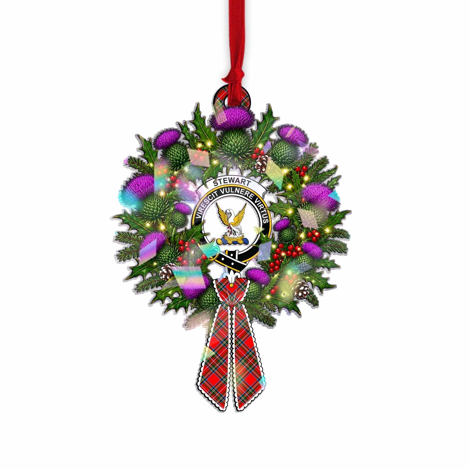 Stewart (Stuart) Tartan Crest Christmas Scottish Thistle Wreath Bow Hologram Ornament