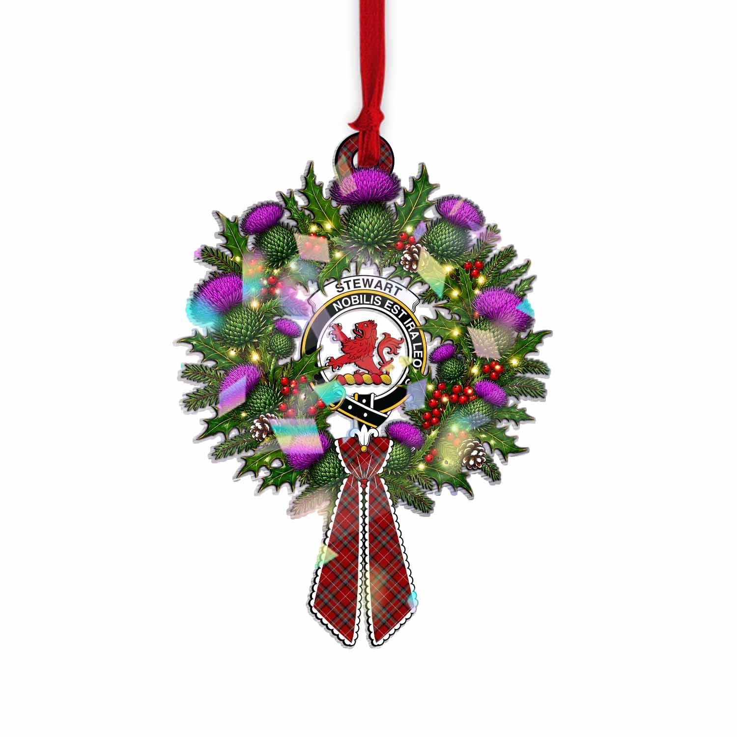Stewart (Stuart) of Bute Tartan Crest Christmas Scottish Thistle Wreath Bow Hologram Ornament