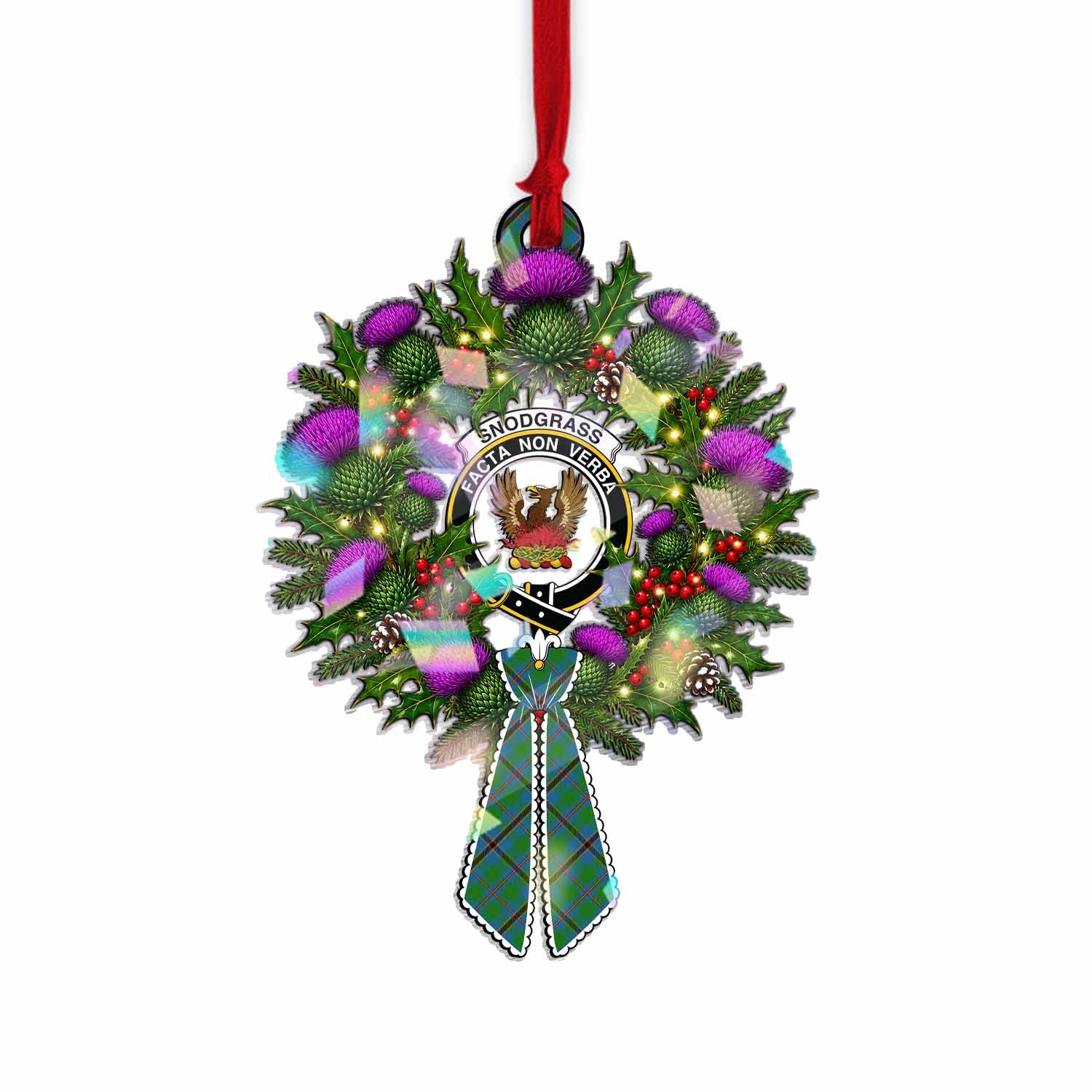 Snodgrass Tartan Crest Christmas Scottish Thistle Wreath Bow Hologram Ornament