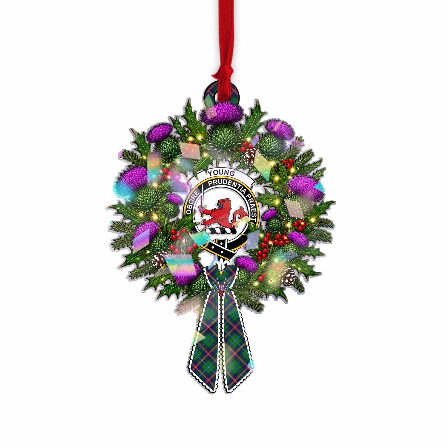 Young Tartan Crest Christmas Scottish Thistle Wreath Bow Hologram Ornament