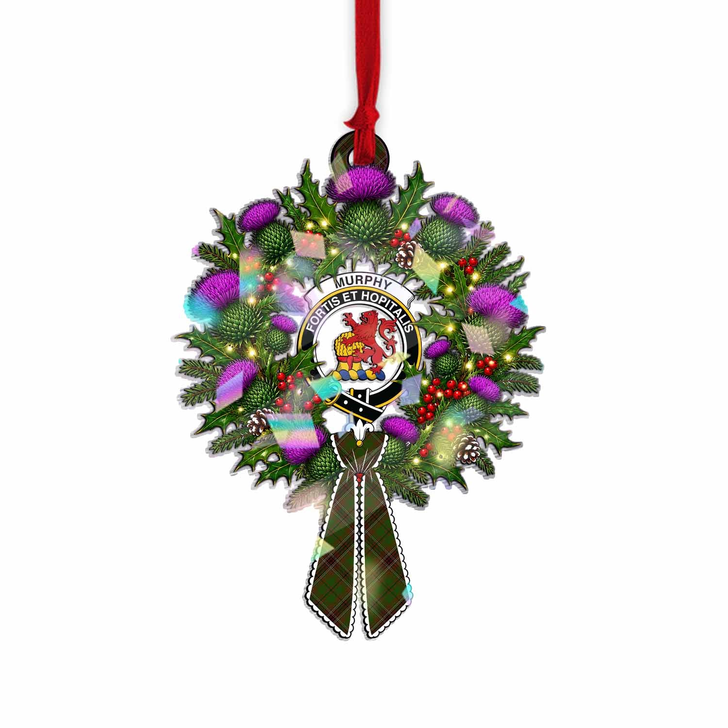 Murphy Tartan Crest Christmas Scottish Thistle Wreath Bow Hologram Ornament