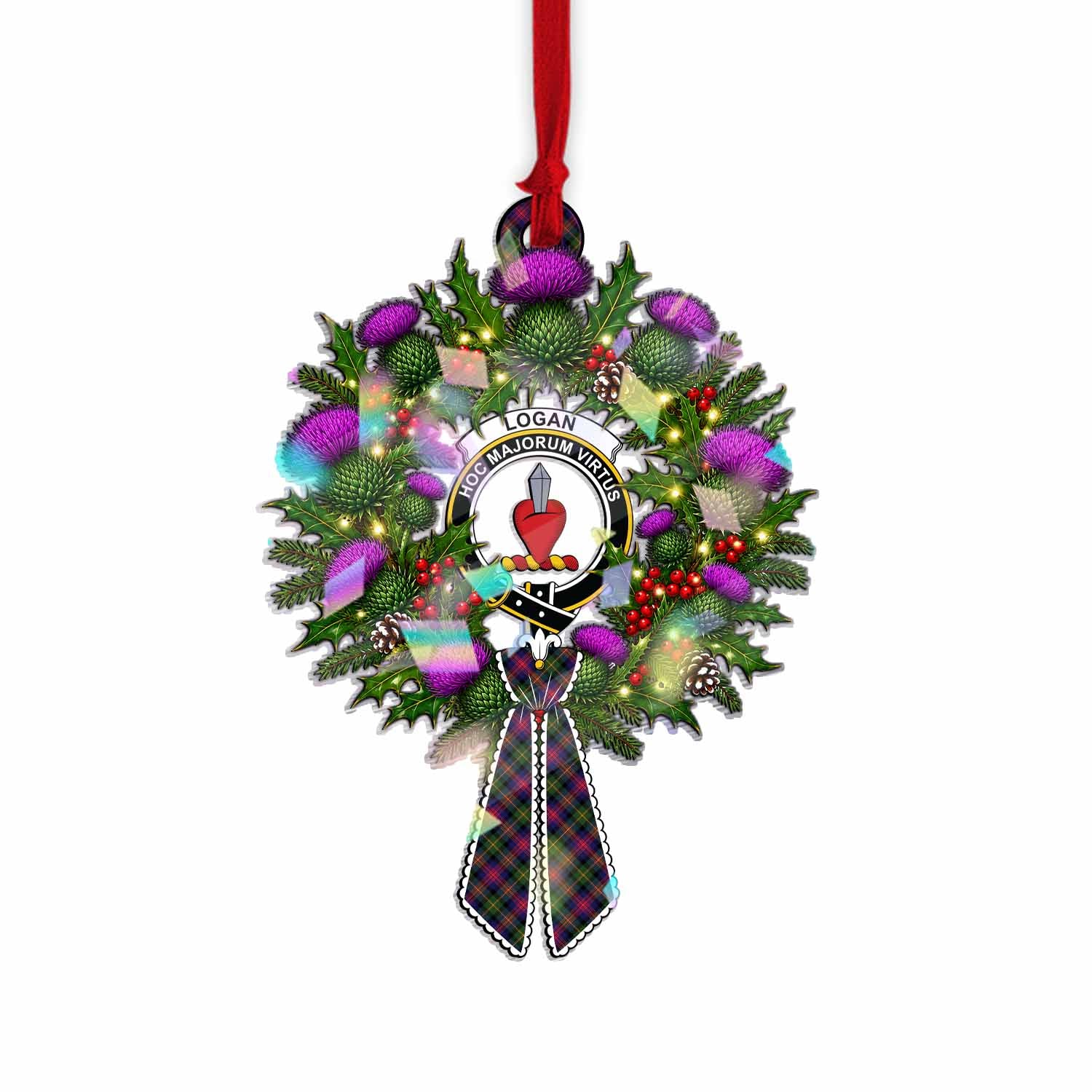 Logan Tartan Crest Christmas Scottish Thistle Wreath Bow Hologram Ornament