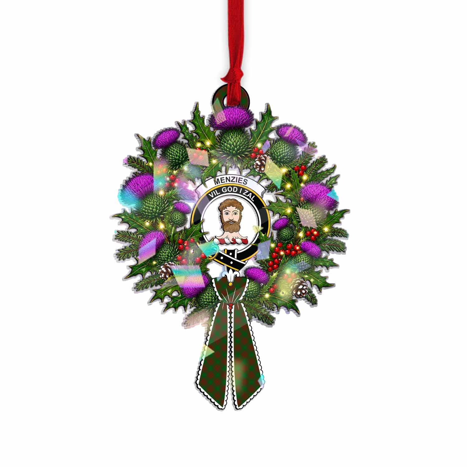 Menzies Tartan Crest Christmas Scottish Thistle Wreath Bow Hologram Ornament