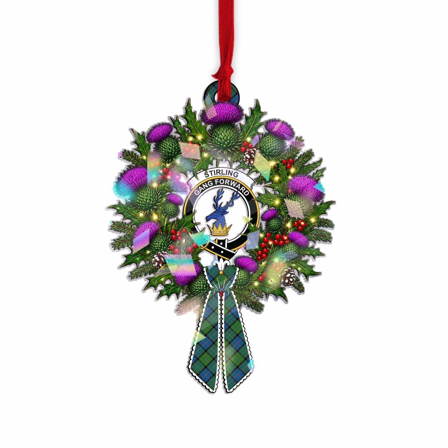 Stirling Tartan Crest Christmas Scottish Thistle Wreath Bow Hologram Ornament