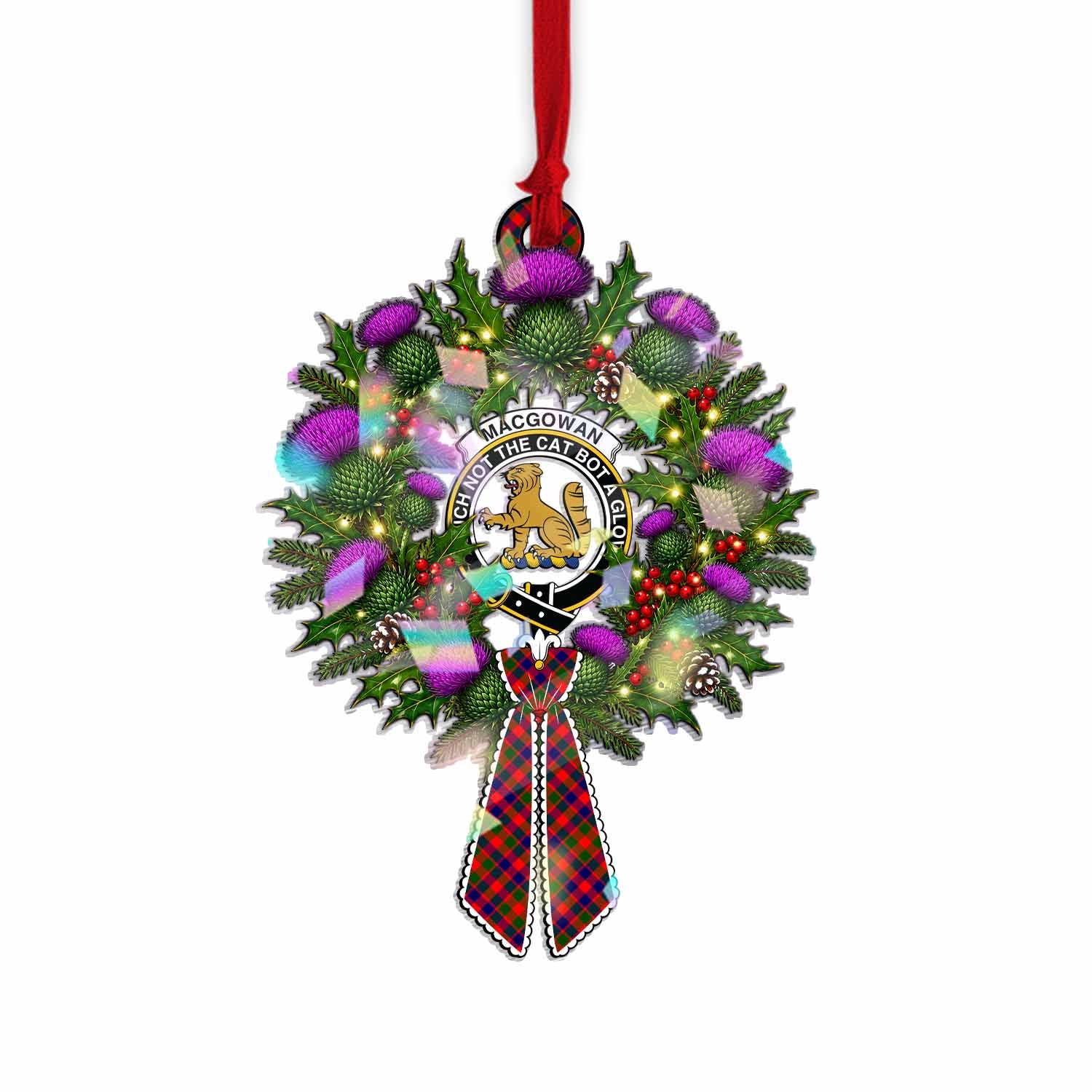 MacGowan (McGowan) Tartan Crest Christmas Scottish Thistle Wreath Bow Hologram Ornament