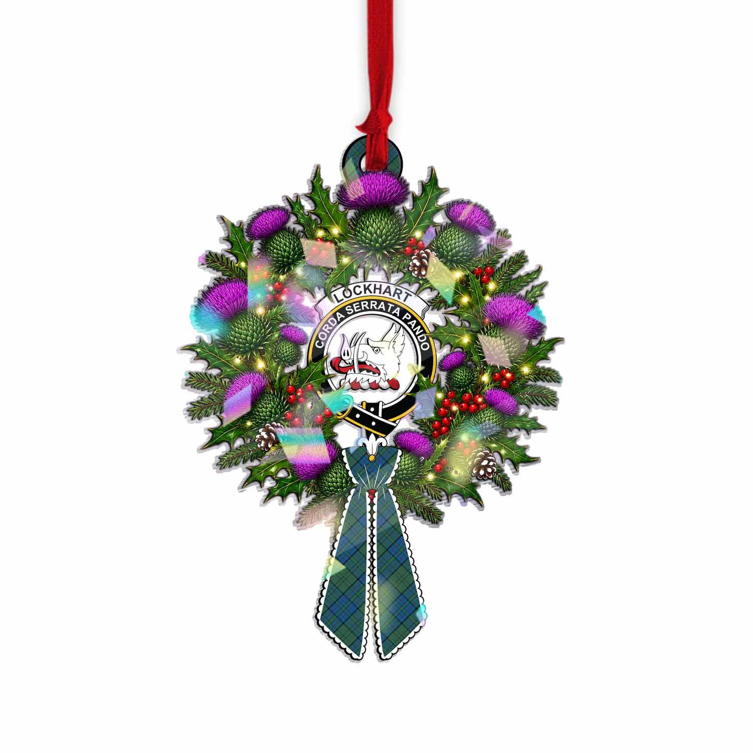 Lockhart Tartan Crest Christmas Scottish Thistle Wreath Bow Hologram Ornament