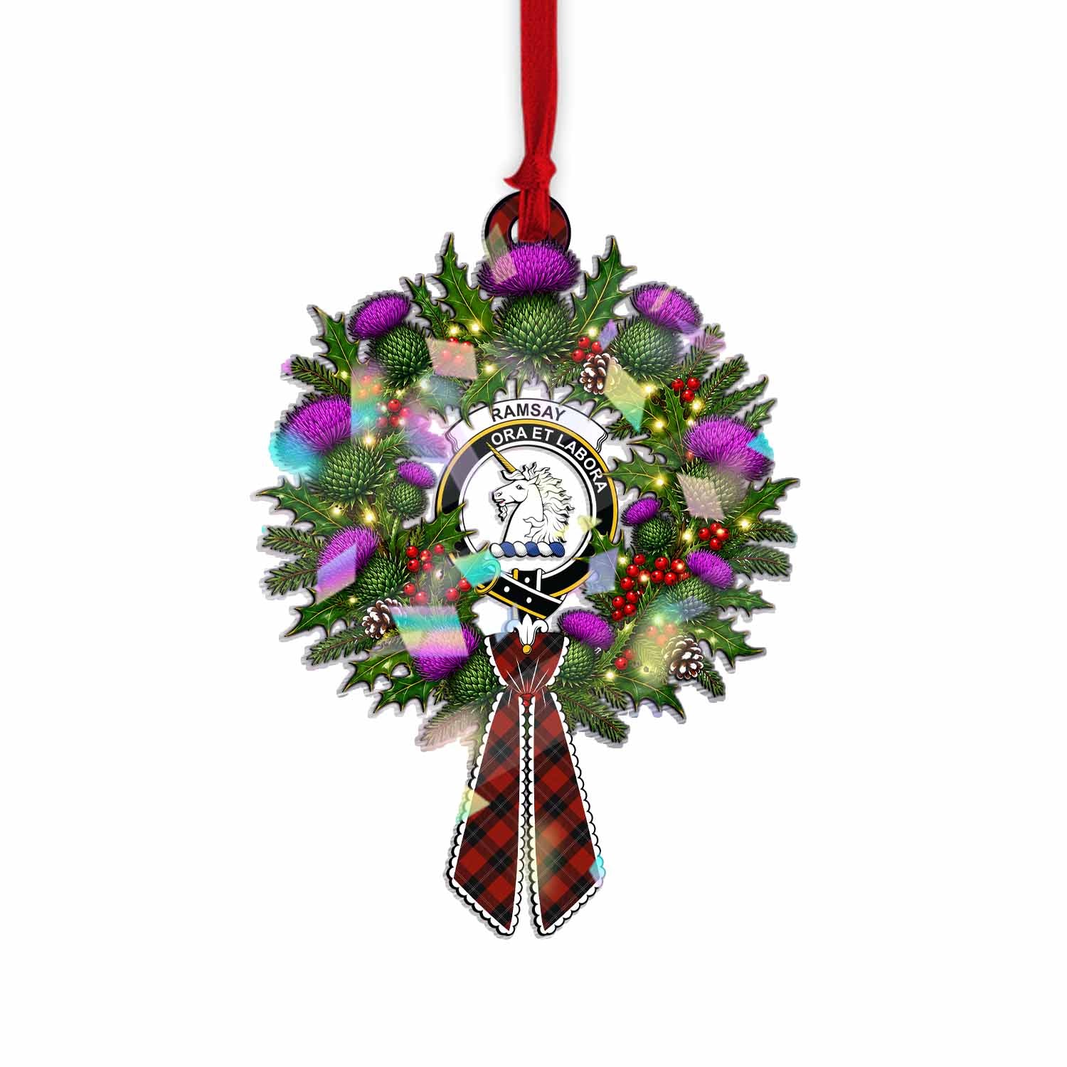 Ramsay Tartan Crest Christmas Scottish Thistle Wreath Bow Hologram Ornament