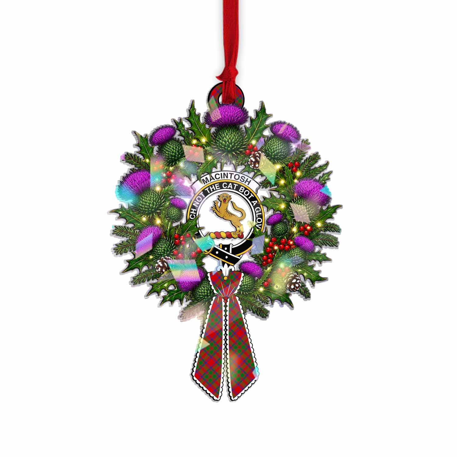 MacIntosh (McIntosh) Tartan Crest Christmas Scottish Thistle Wreath Bow Hologram Ornament