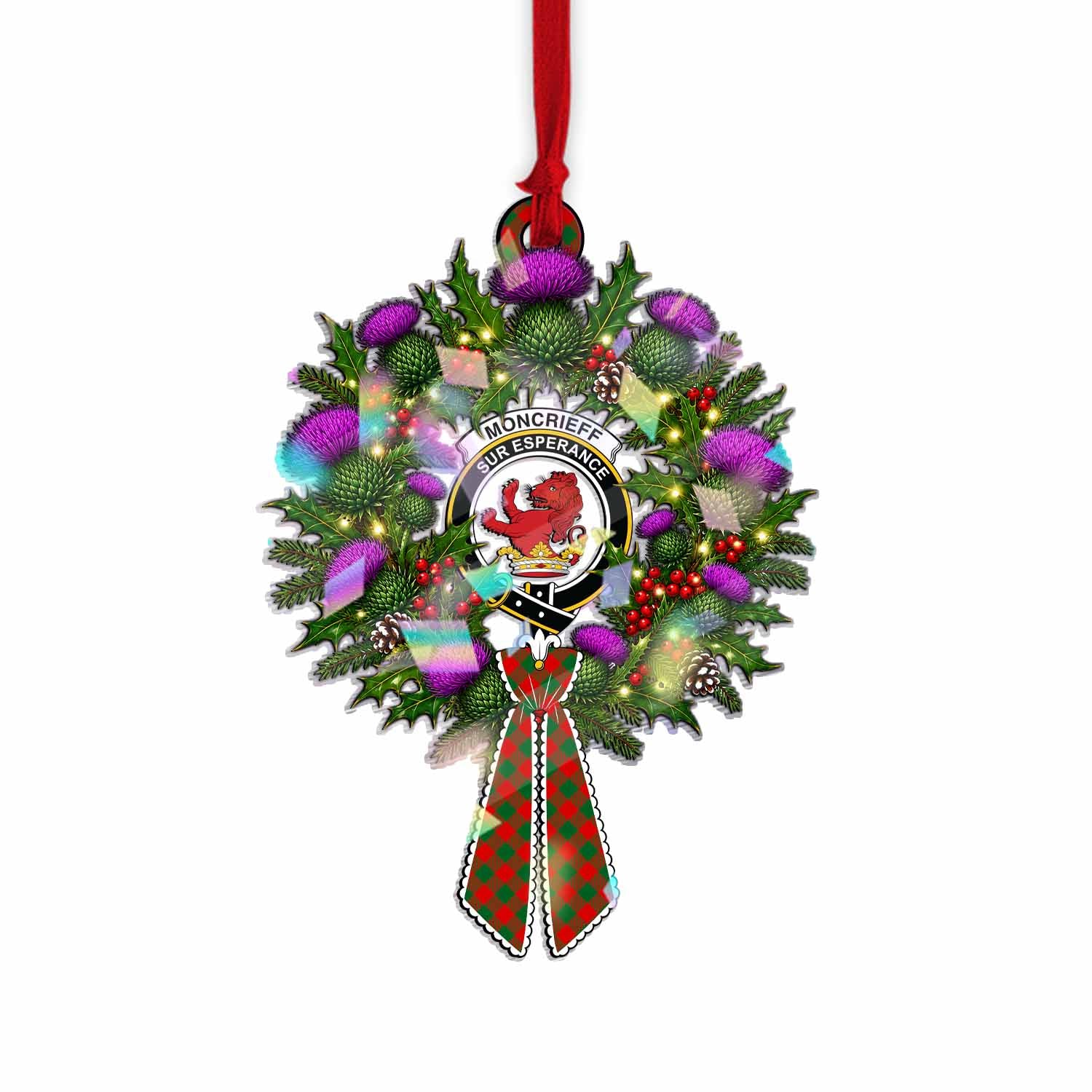 Moncrieff (Moncreiffe) Tartan Crest Christmas Scottish Thistle Wreath Bow Hologram Ornament
