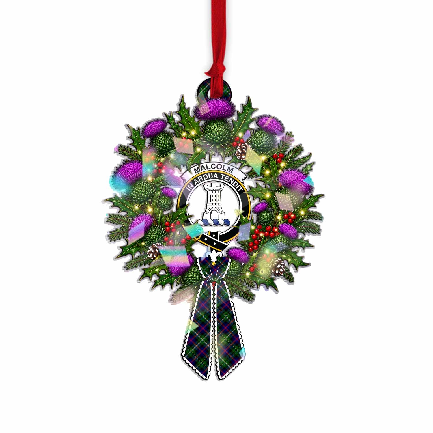 Malcolm Tartan Crest Christmas Scottish Thistle Wreath Bow Hologram Ornament