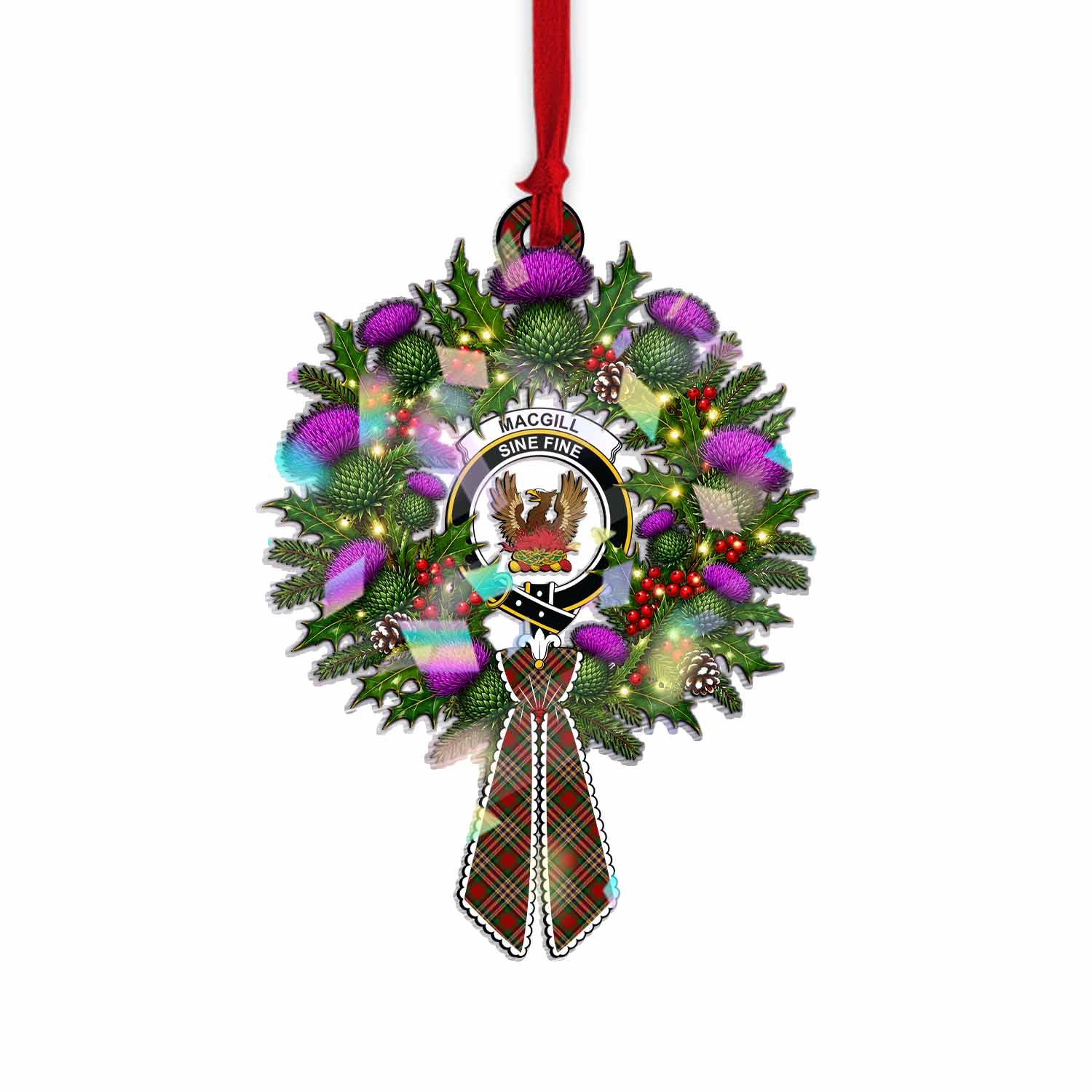 MacGill (MakGill) Tartan Crest Christmas Scottish Thistle Wreath Bow Hologram Ornament