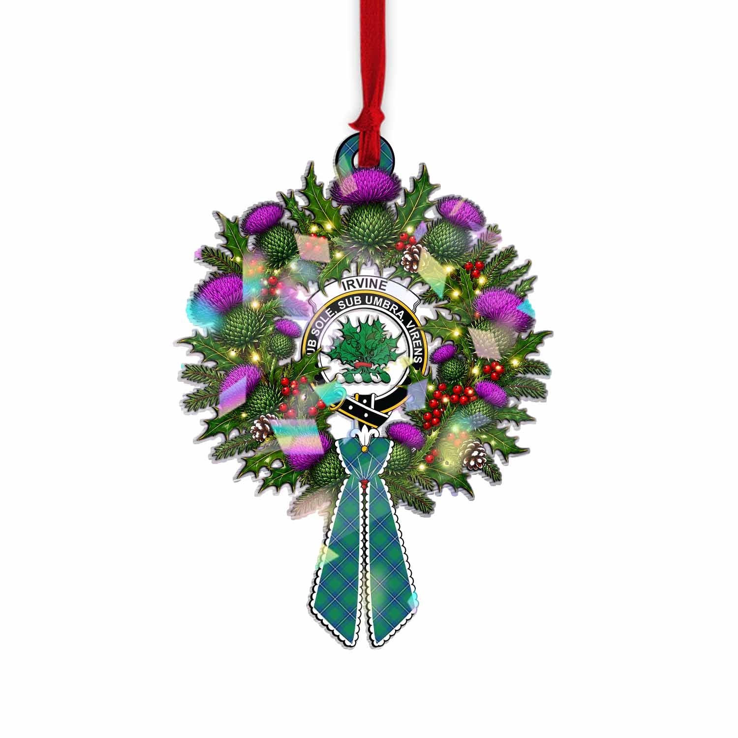 Irvine Tartan Crest Christmas Scottish Thistle Wreath Bow Hologram Ornament