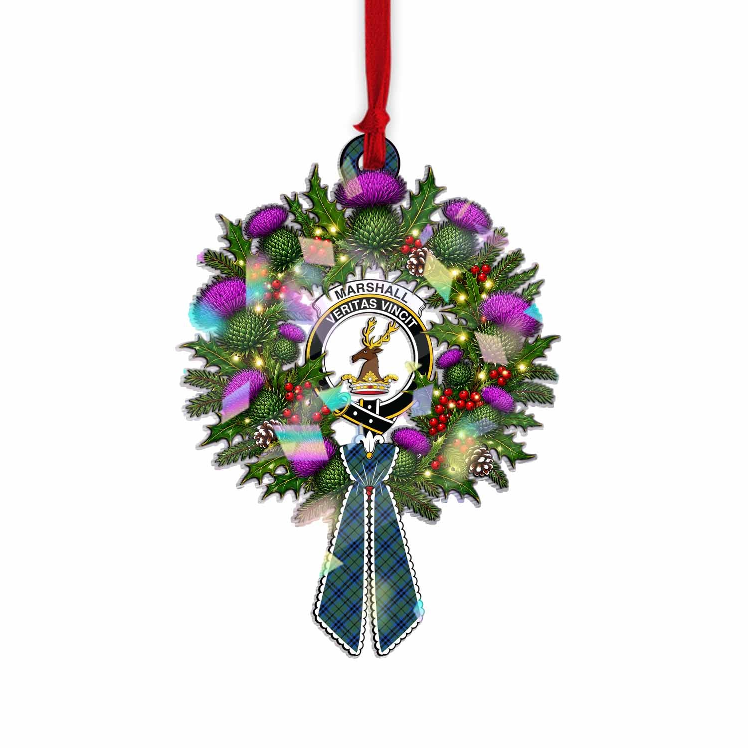 Marshall Tartan Crest Christmas Scottish Thistle Wreath Bow Hologram Ornament