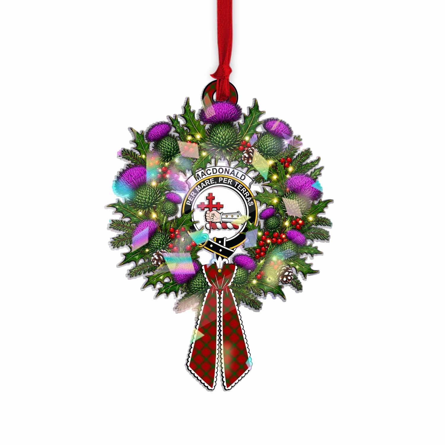 MacDonald (McDonald) of Sleat Tartan Crest Christmas Scottish Thistle Wreath Bow Hologram Ornament