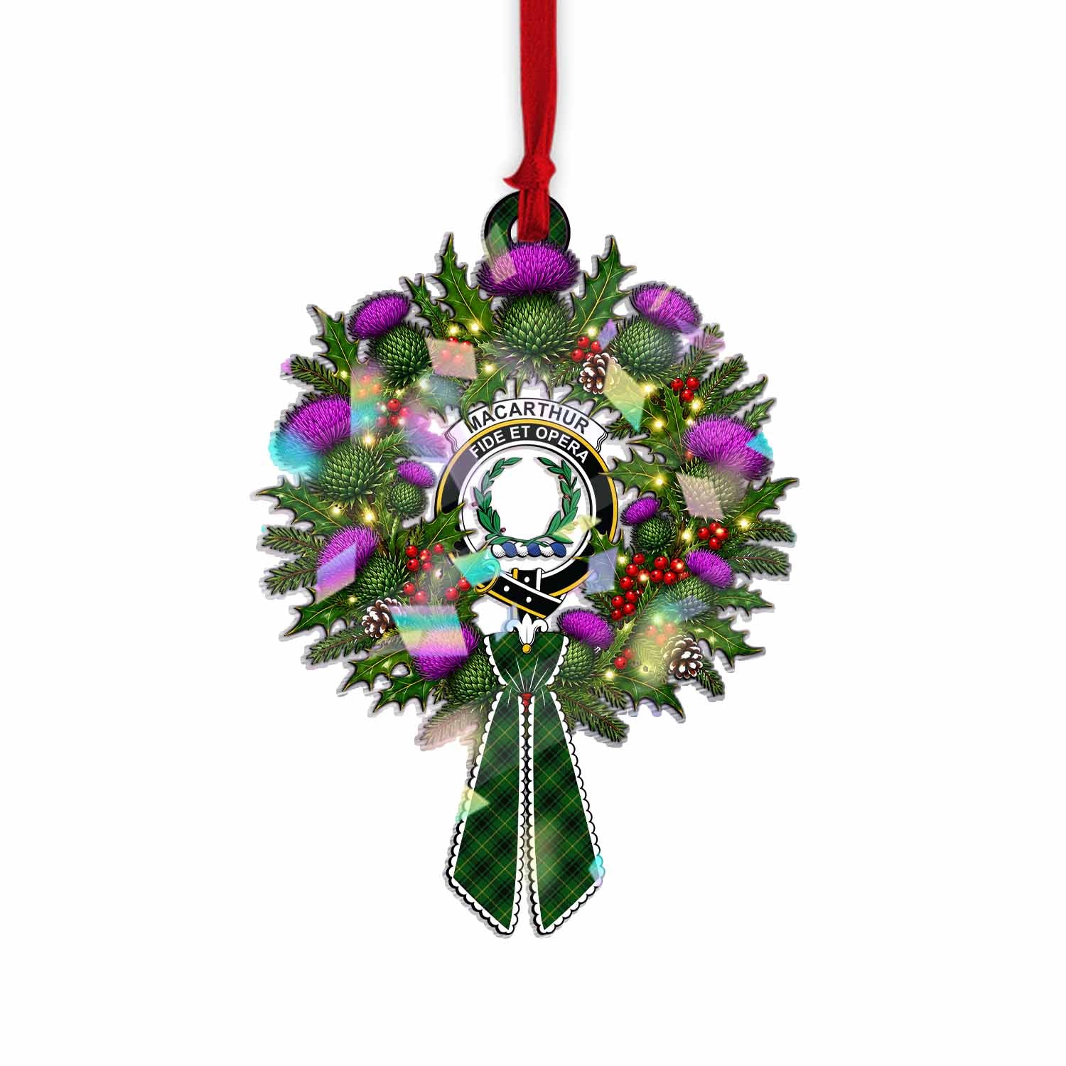 MacArthur (McArthur) Tartan Crest Christmas Scottish Thistle Wreath Bow Hologram Ornament