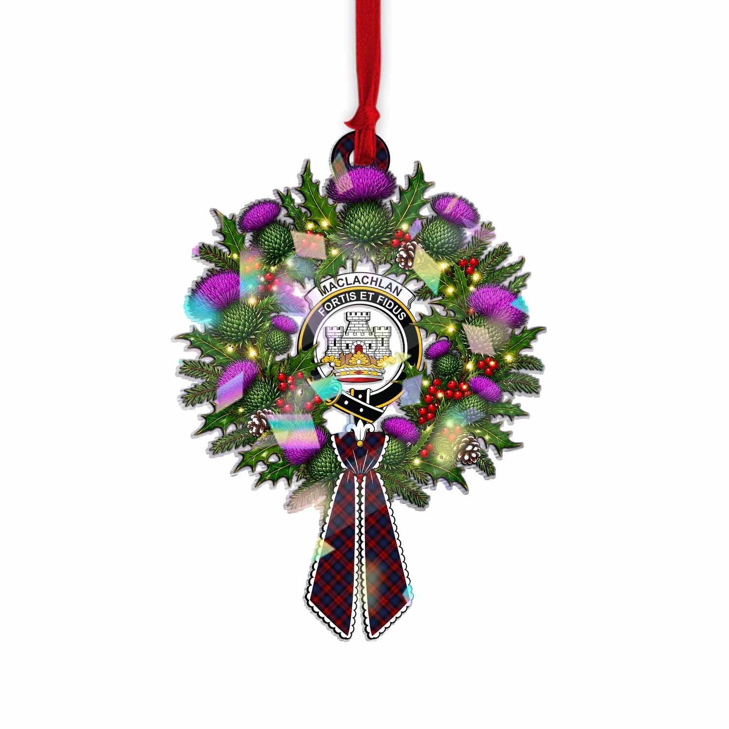 MacLachlan (McLachlan) Tartan Crest Christmas Scottish Thistle Wreath Bow Hologram Ornament