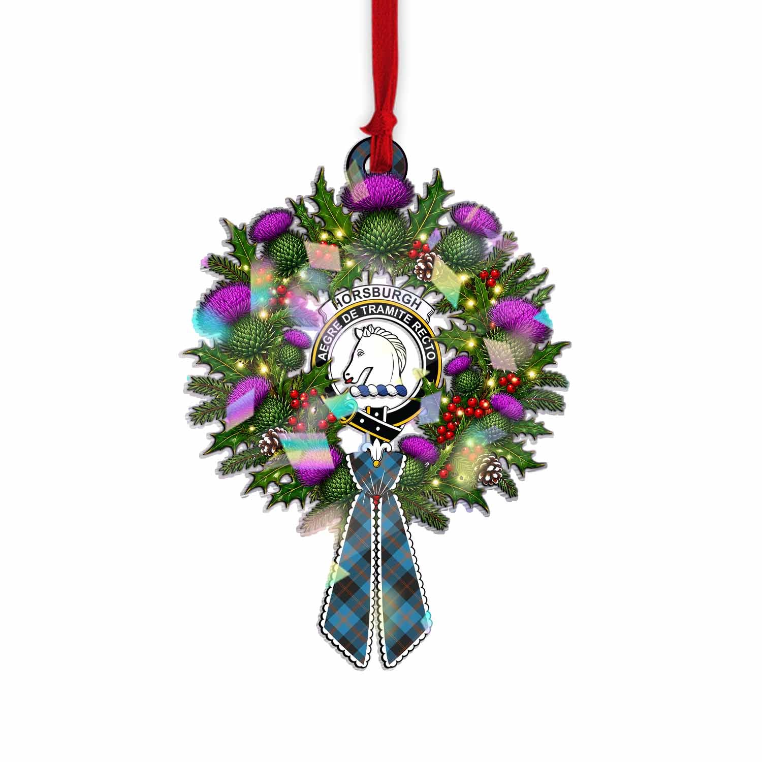 Horsburgh Tartan Crest Christmas Scottish Thistle Wreath Bow Hologram Ornament