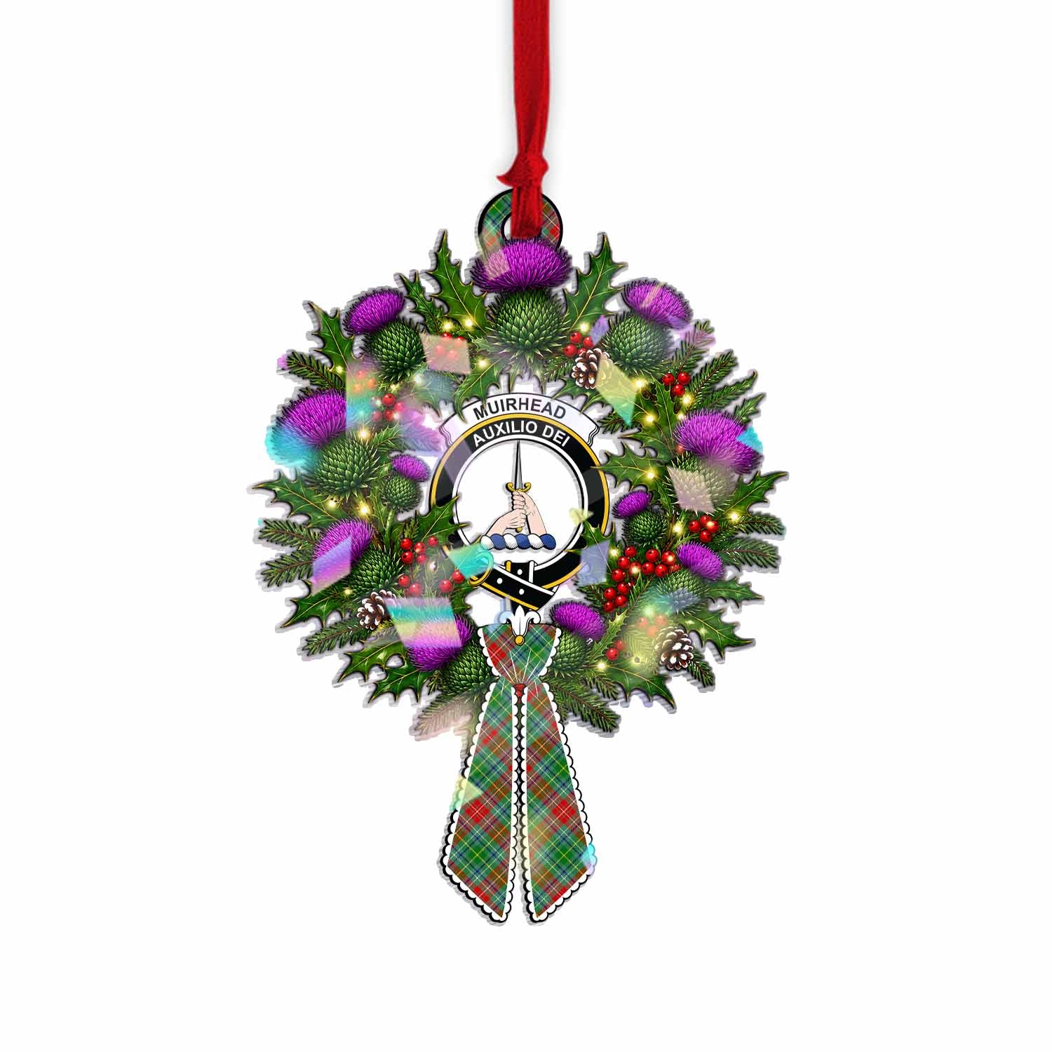 Muirhead Tartan Crest Christmas Scottish Thistle Wreath Bow Hologram Ornament
