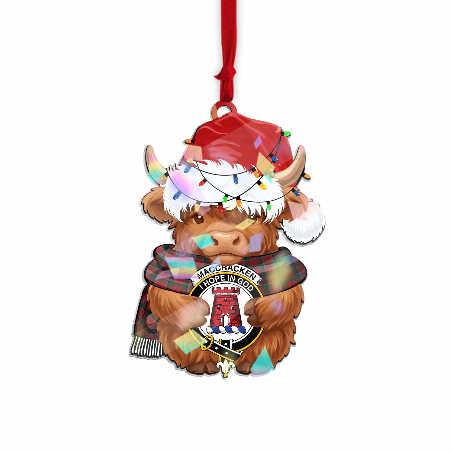 MacCracken (McCracken) Christmas Baby Highland Coo Clan Crest Hologram Ornament