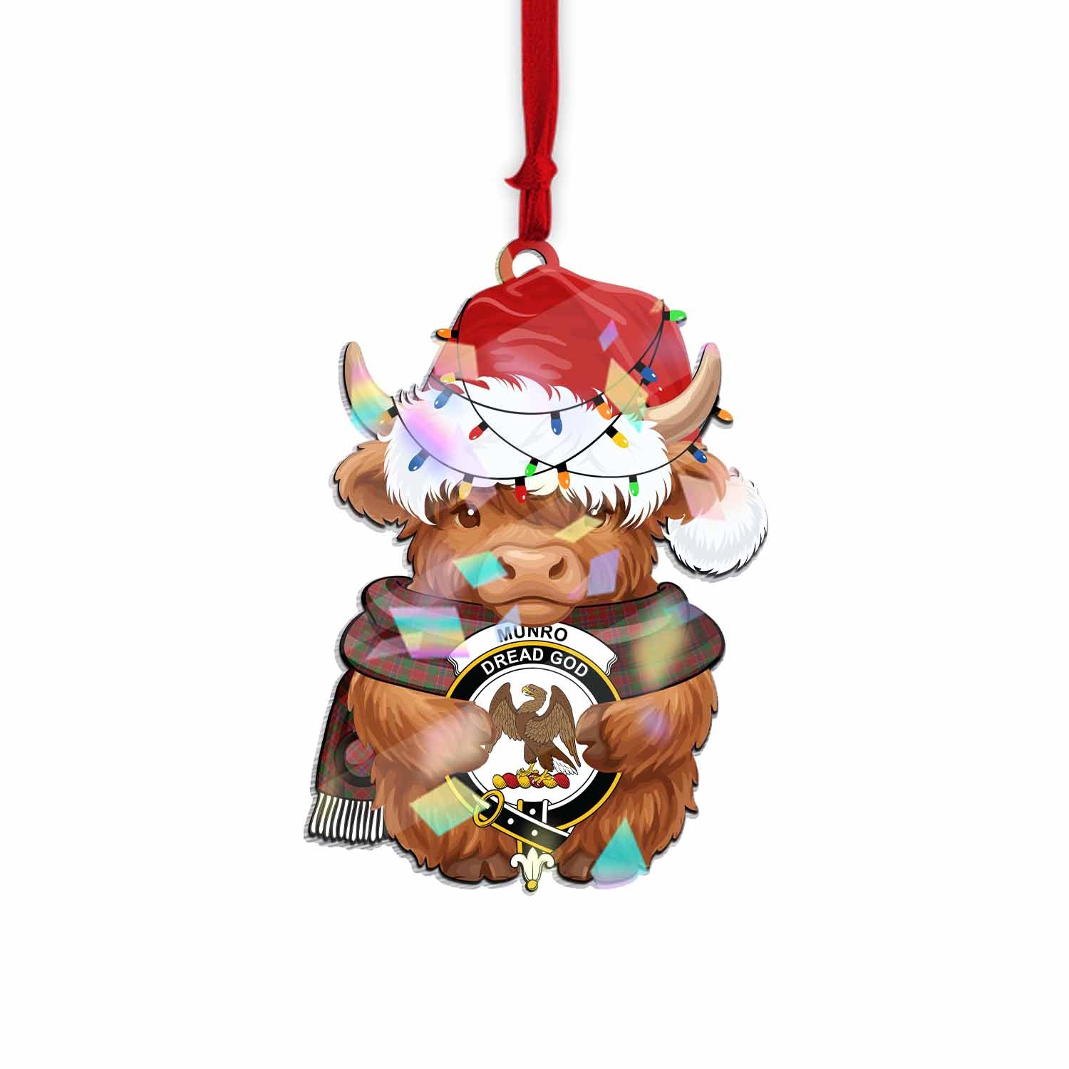 Munro (Monroe) Christmas Baby Highland Coo Clan Crest Hologram Ornament