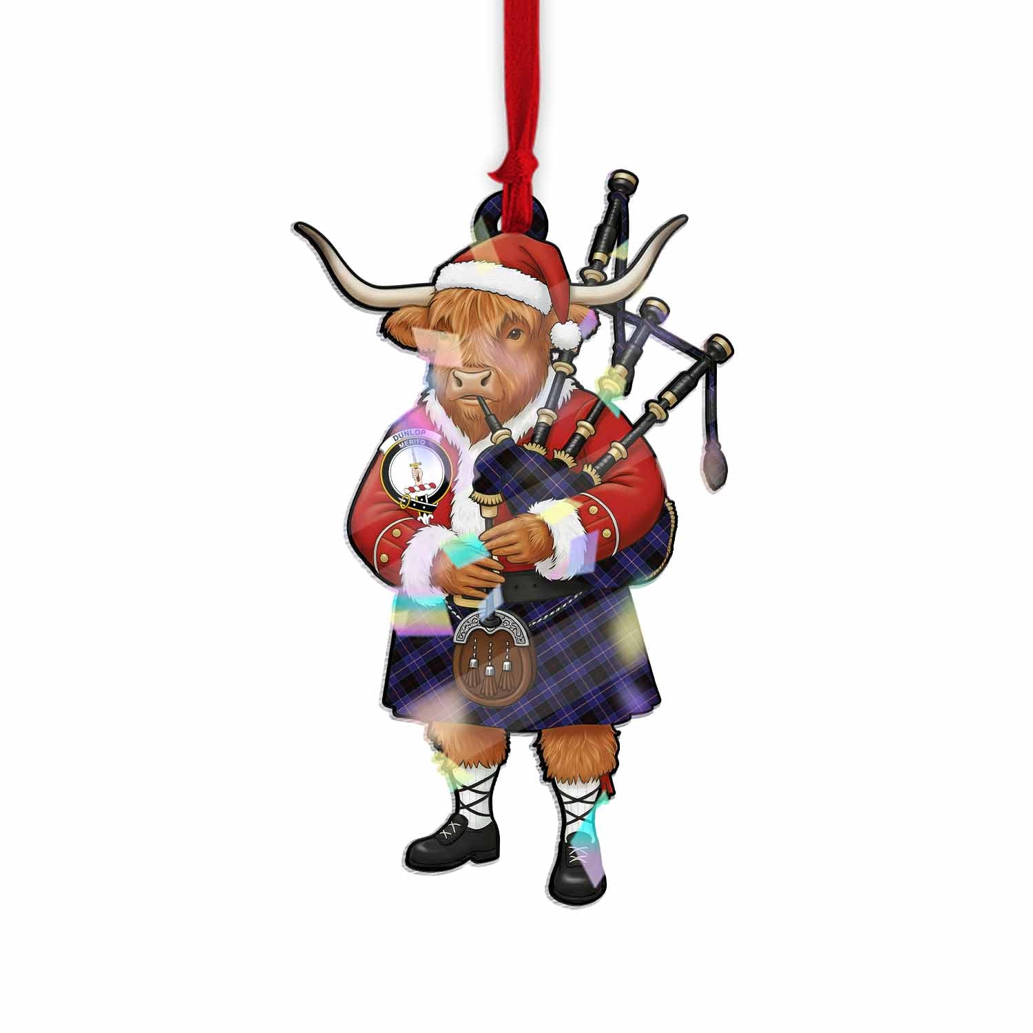 Dunlop Tartan Crest Christmas Highland Cow Bagpipes Hologram Ornament