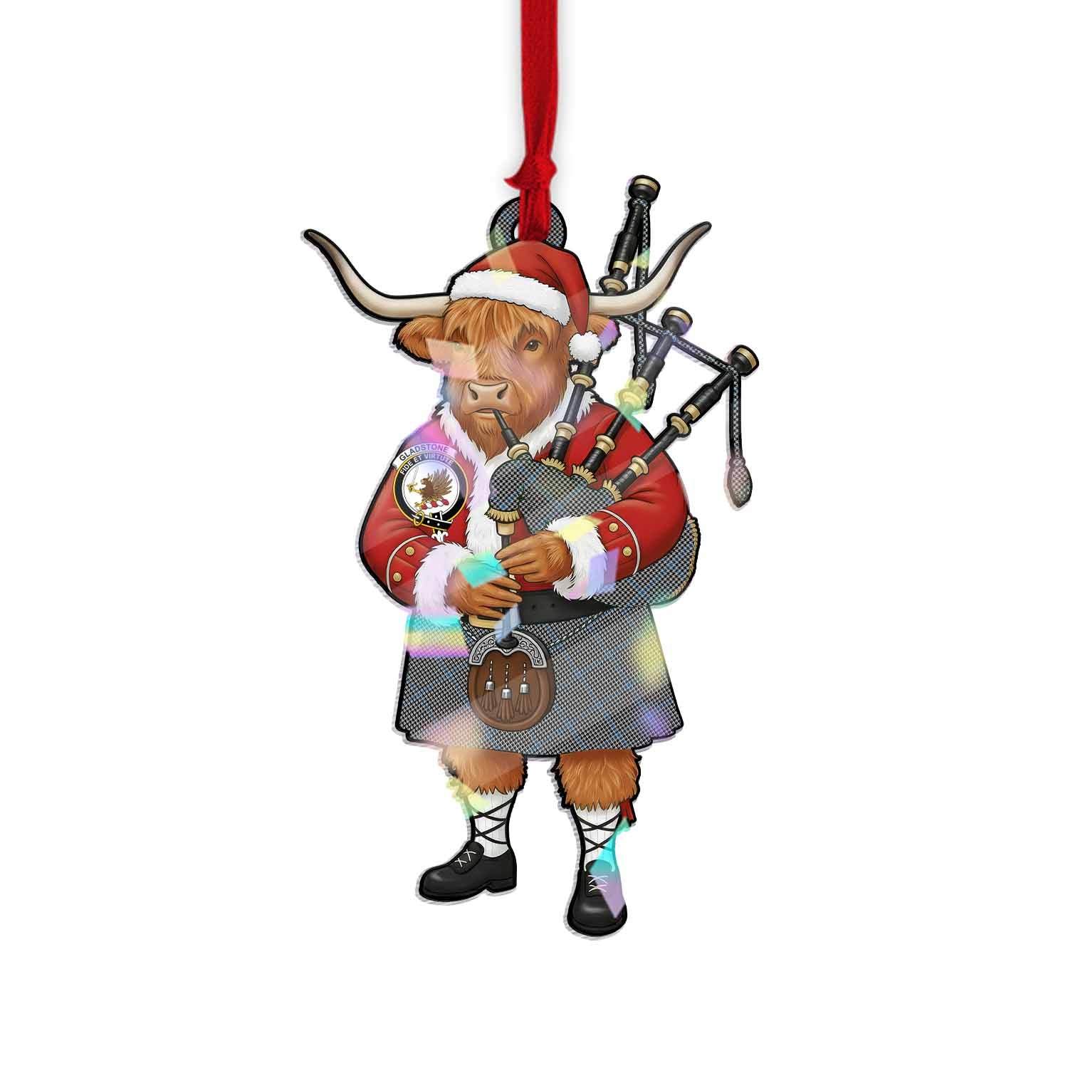 Gladstone (Gladstanes) Tartan Crest Christmas Highland Cow Bagpipes Hologram Ornament