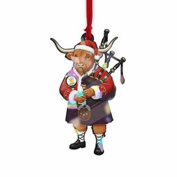 Cumming Tartan Crest Christmas Highland Cow Bagpipes Hologram Ornament