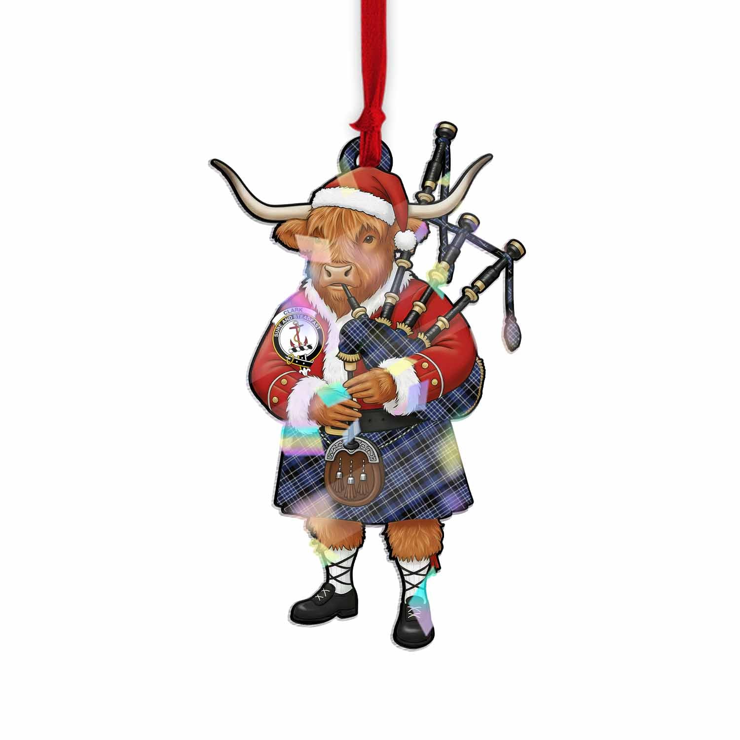 Clark (Clarke) Tartan Crest Christmas Highland Cow Bagpipes Hologram Ornament