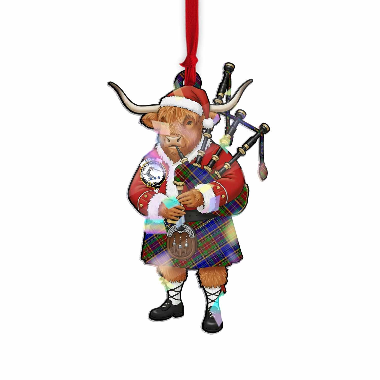 Beattie (Beatty) Tartan Crest Christmas Highland Cow Bagpipes Hologram Ornament