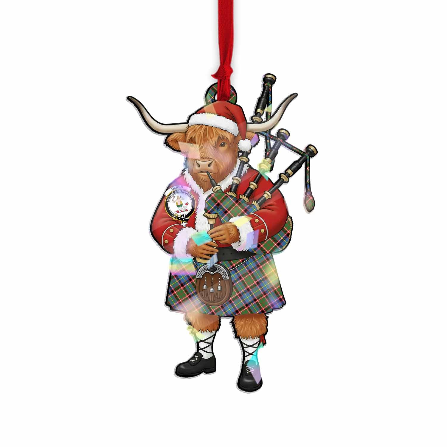 Glass Tartan Crest Christmas Highland Cow Bagpipes Hologram Ornament